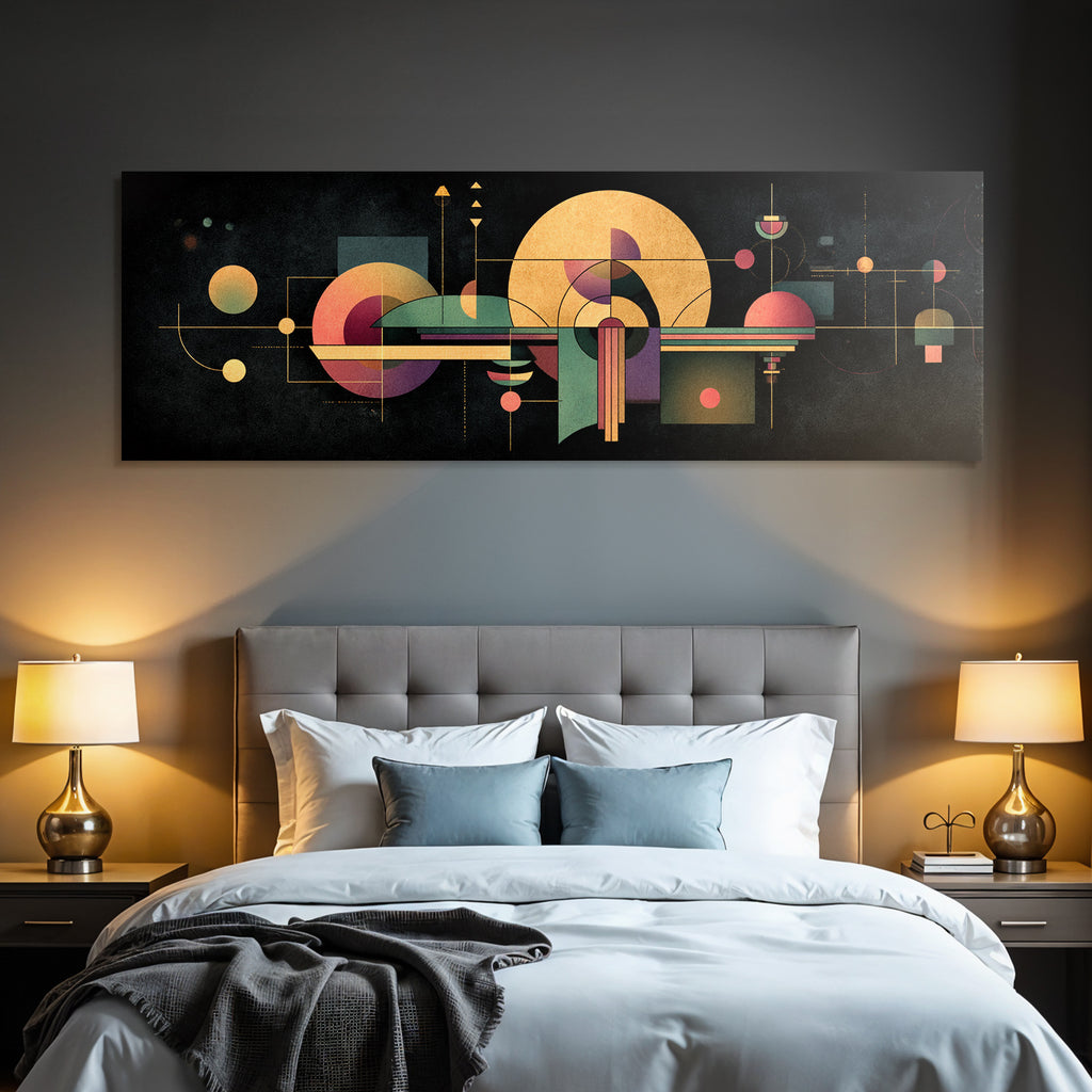 Moderne Geometrische Abstrakte Kunst Golden Purple Grün Auf Dunklem Hintergrund