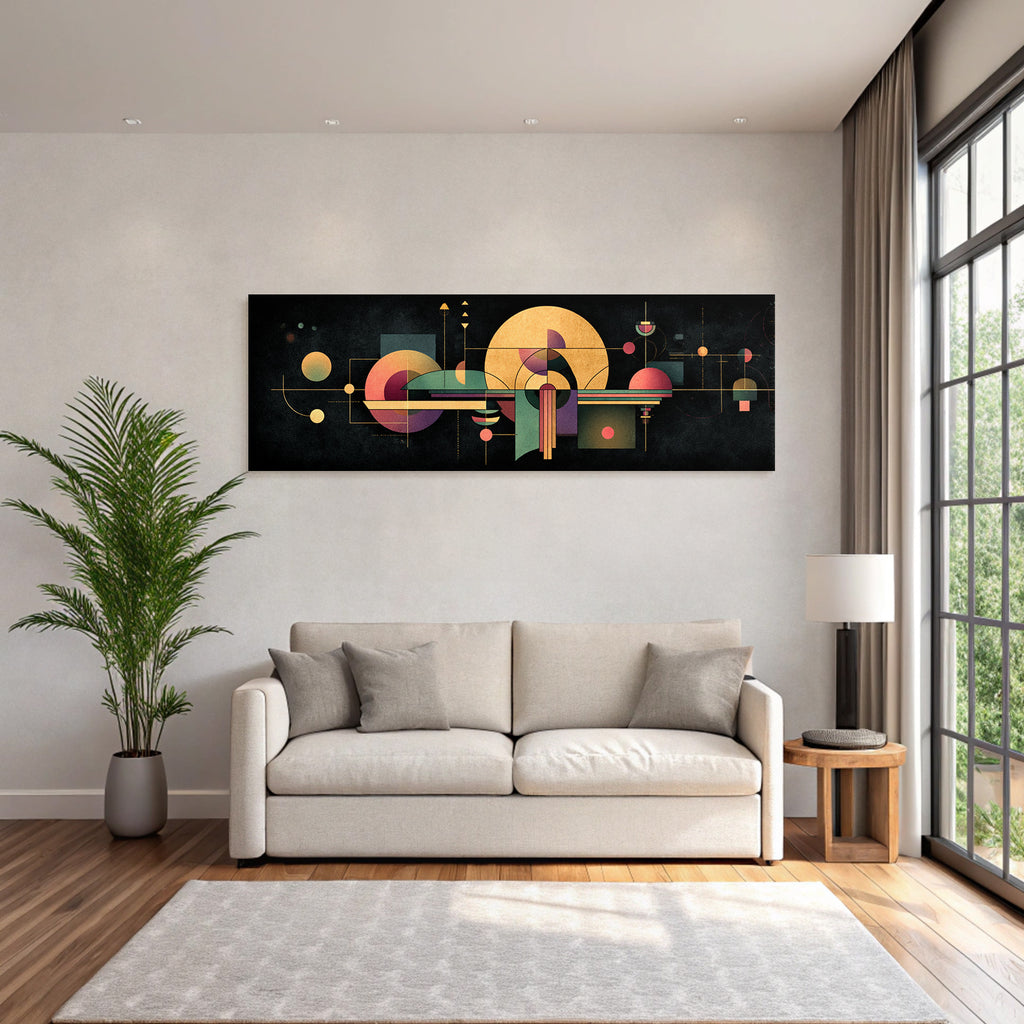 Moderne Geometrische Abstrakte Kunst Golden Purple Grün Auf Dunklem Hintergrund