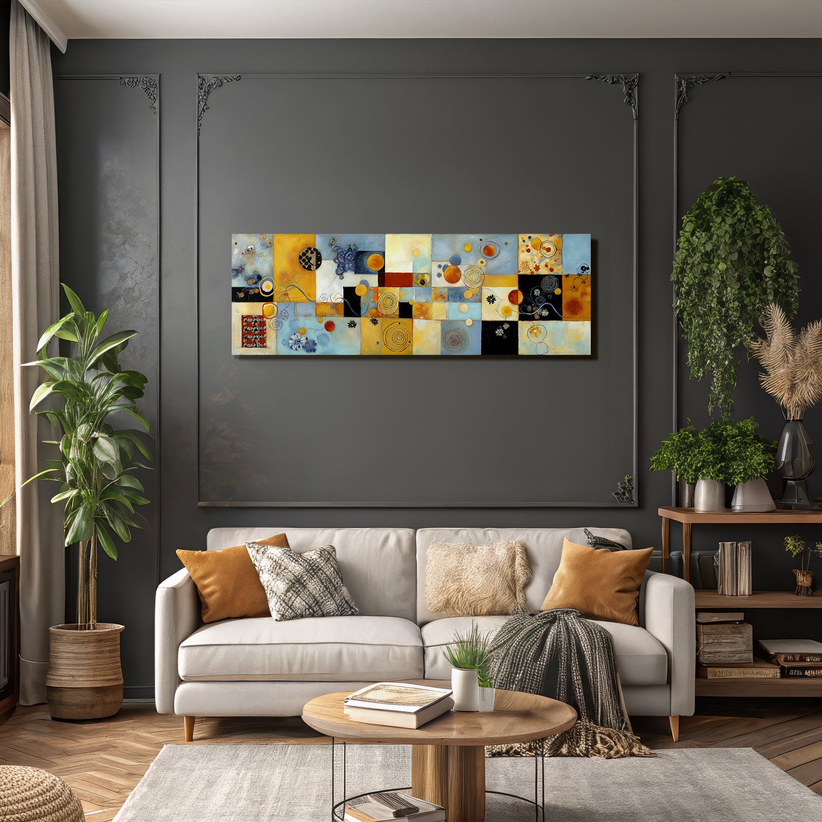 Vibrante Geometrische Abstrakte Malerei Mit Floralen Motiven