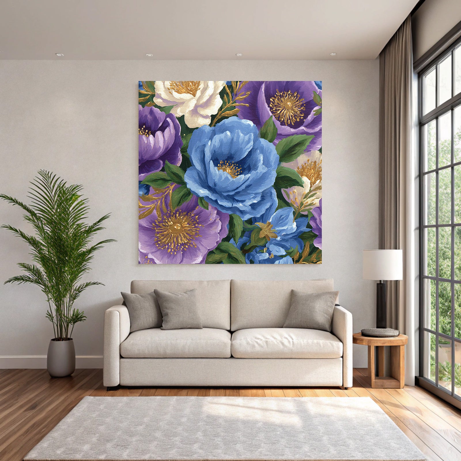 Bunte Blumenanordnung In Blau Lila Und Weiß Mit Grünen Blattern Und Goldenen Akzenten