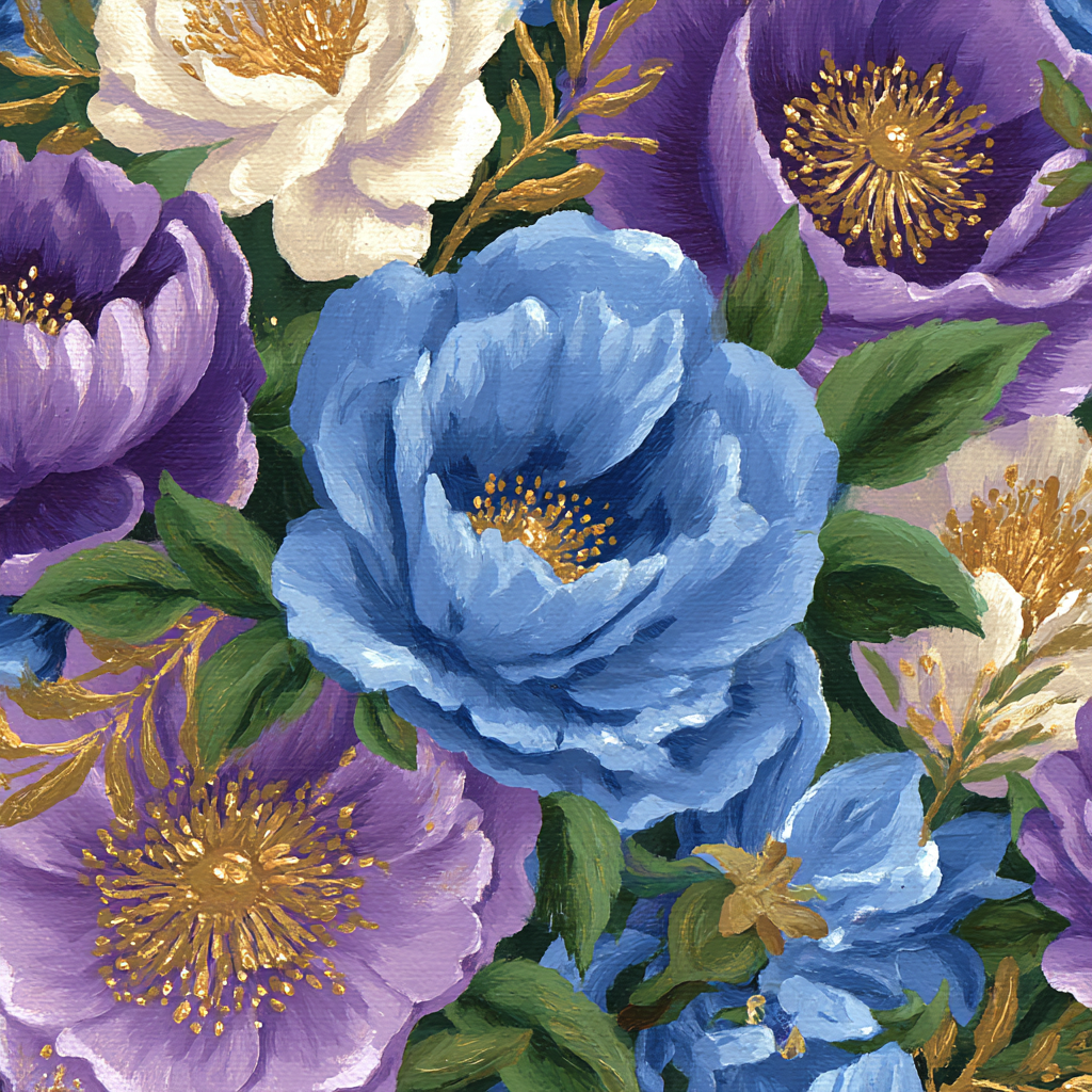 Bunte Blumenanordnung In Blau Lila Und Weiß Mit Grünen Blattern Und Goldenen Akzenten | Kunstdrucke | Kunstgattungen
