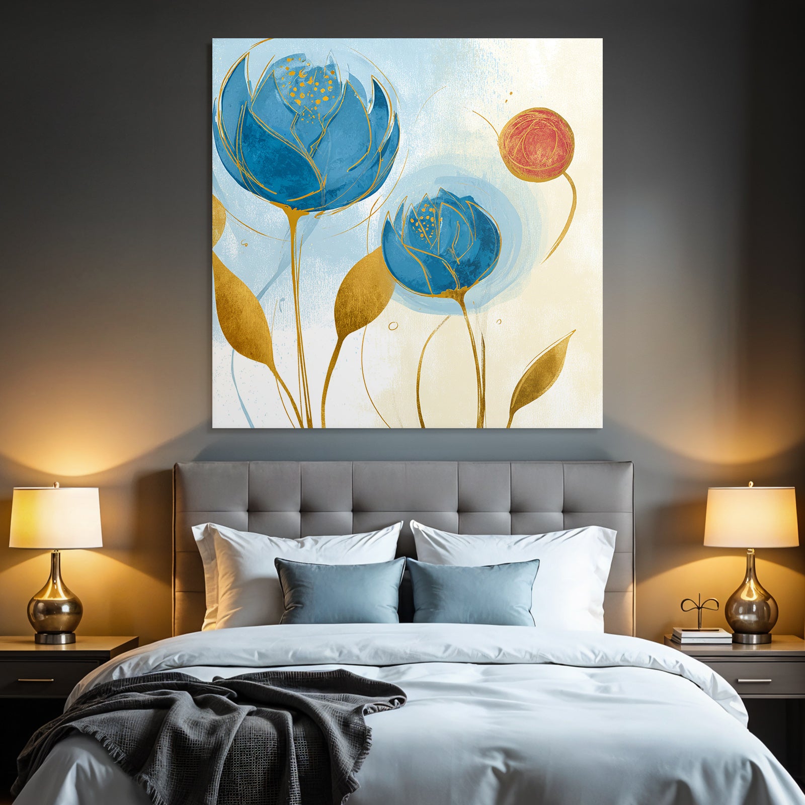 Bunte Blumenillustration Mit Blaün Und Roten Blumen