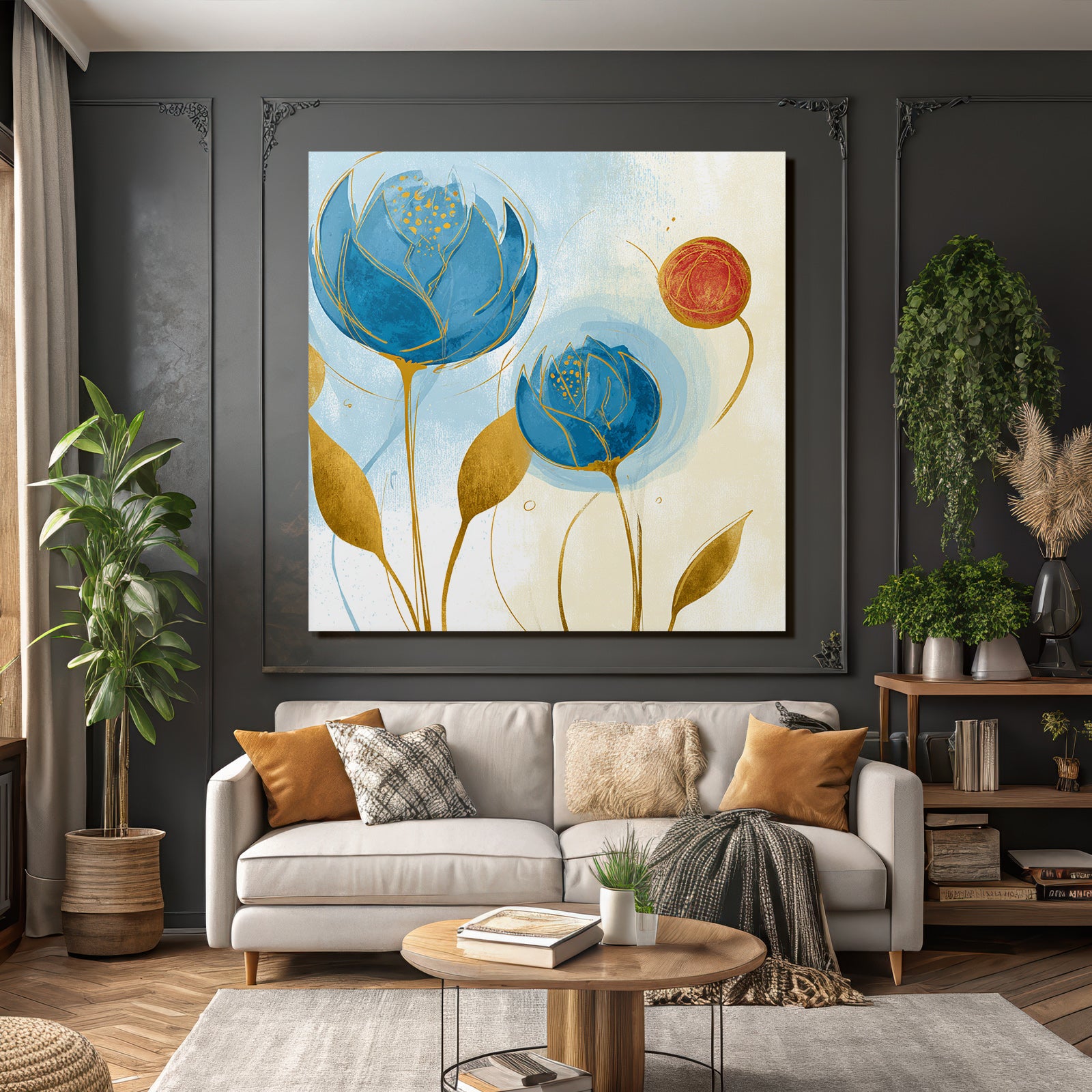 Bunte Blumenillustration Mit Blaün Und Roten Blumen