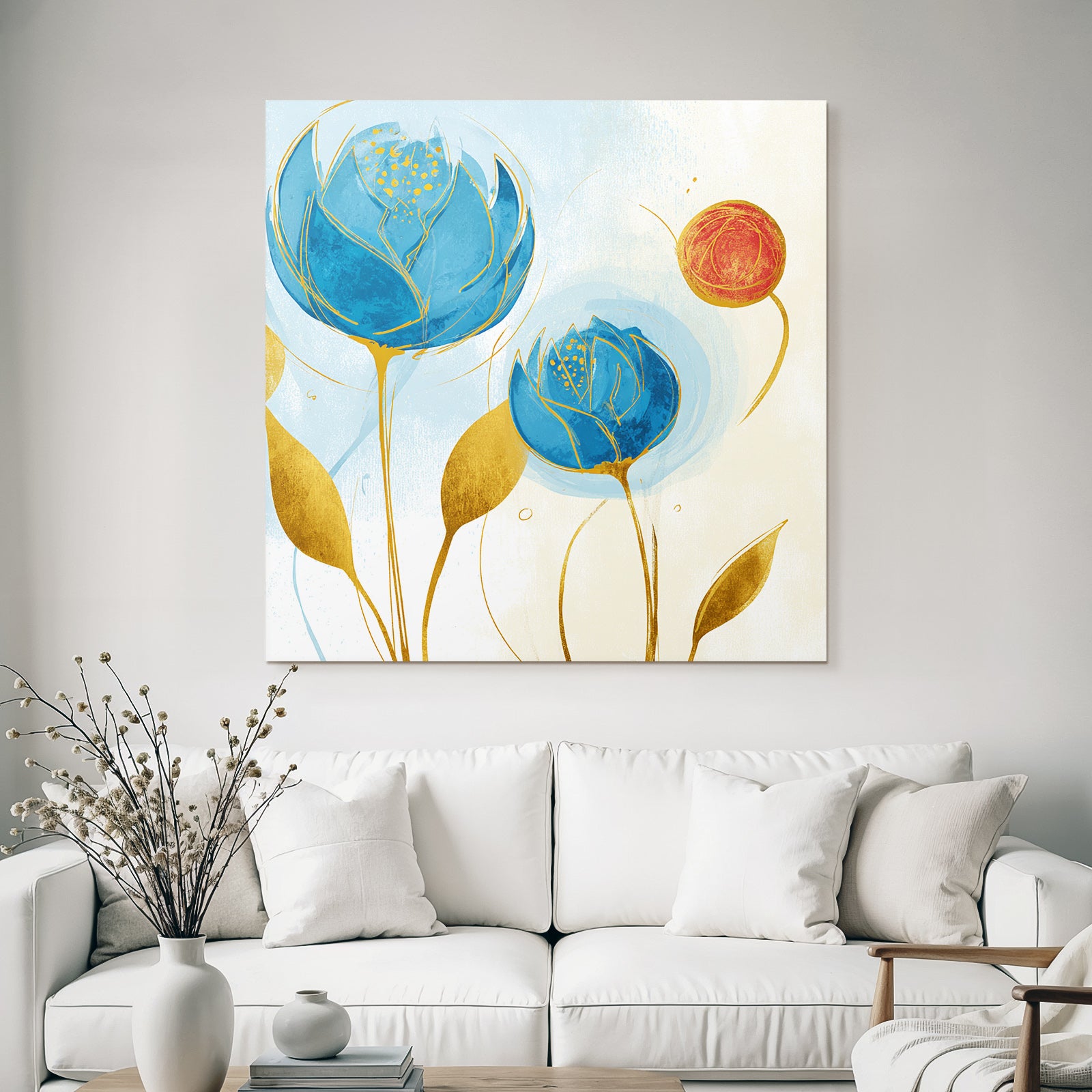 Bunte Blumenillustration Mit Blaün Und Roten Blumen