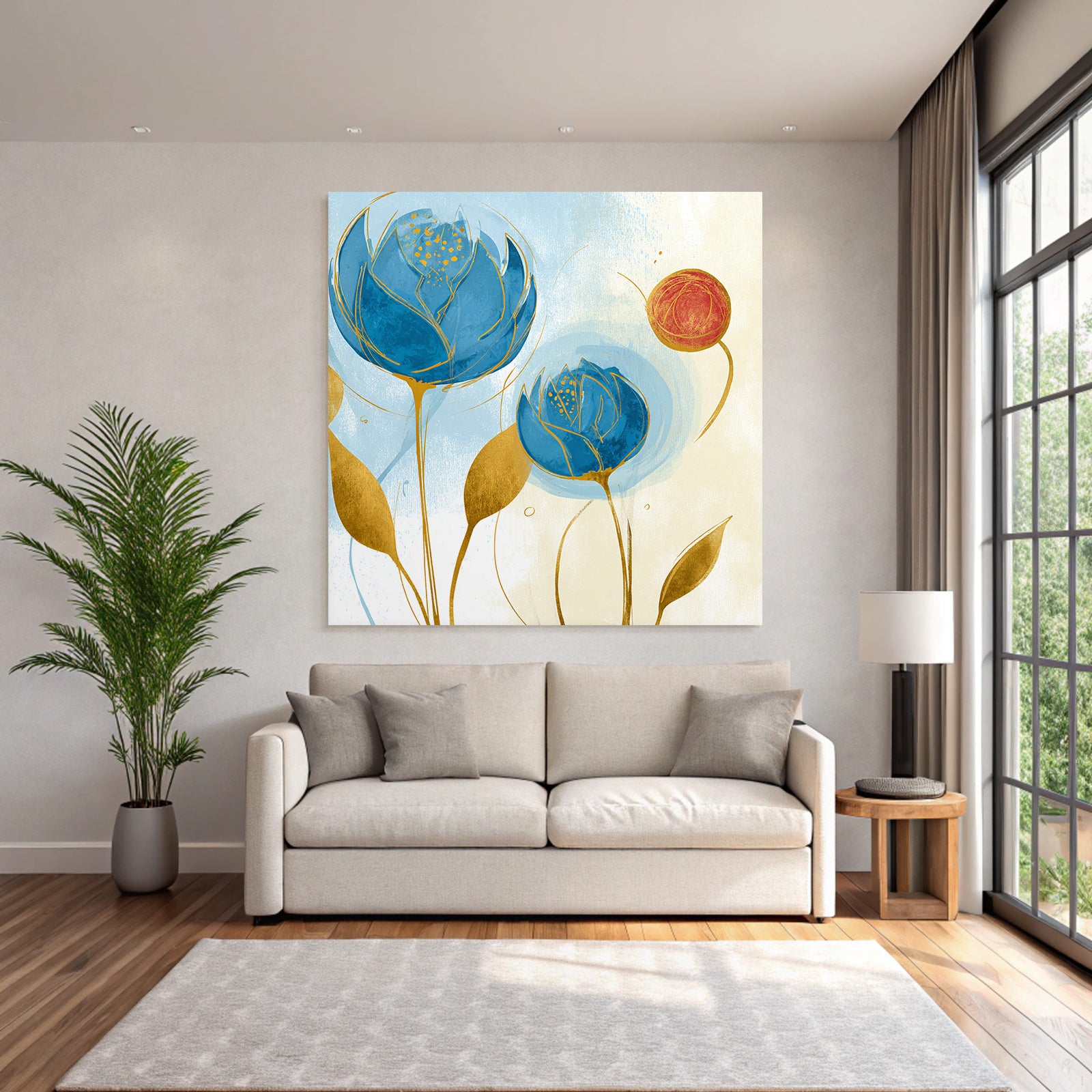 Bunte Blumenillustration Mit Blaün Und Roten Blumen