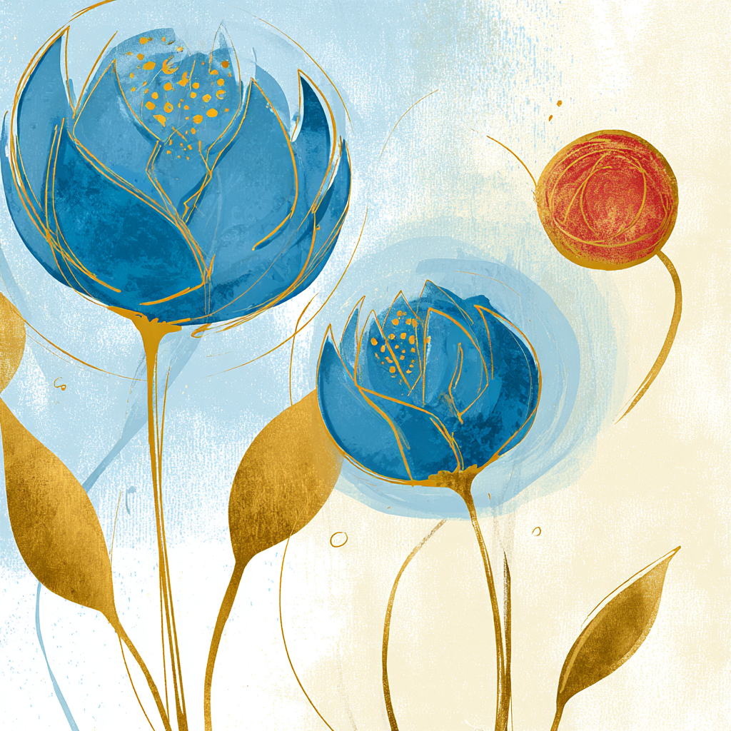 Bunte Blumenillustration Mit Blaün Und Roten Blumen | Kunstdrucke | Kunstgattungen