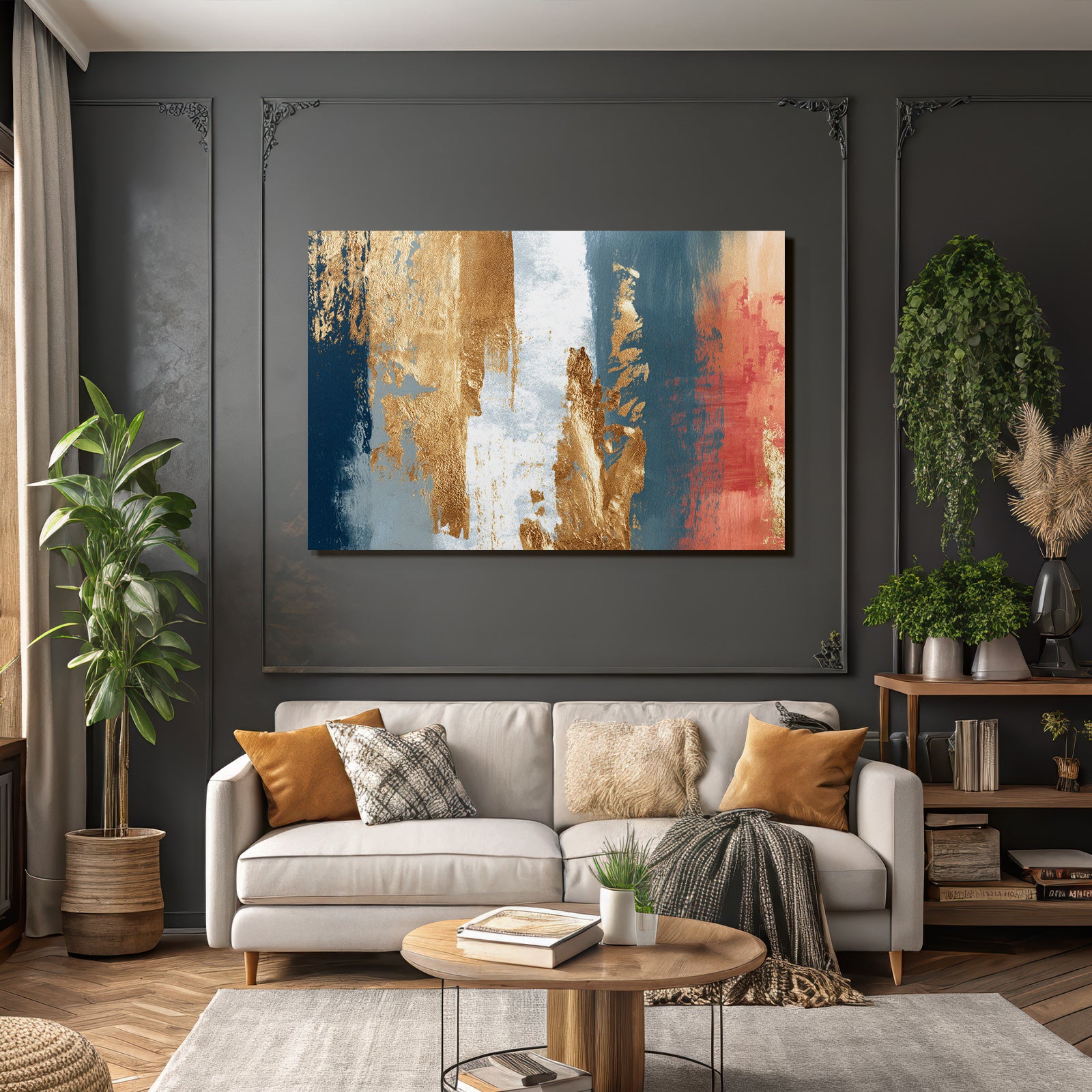 Abstrakte Kunst Gold Blau Grau Koralle