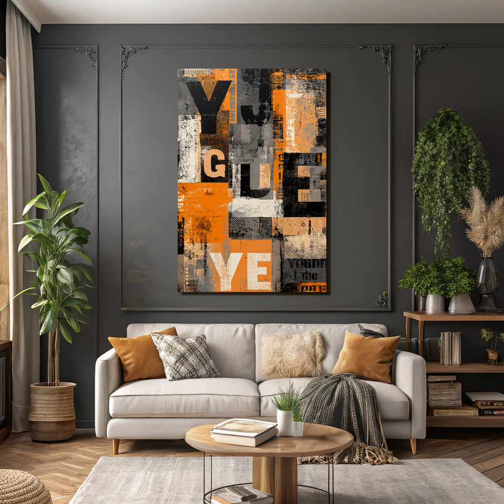 Abstract Typographic Collage Orange Grau Schwarz