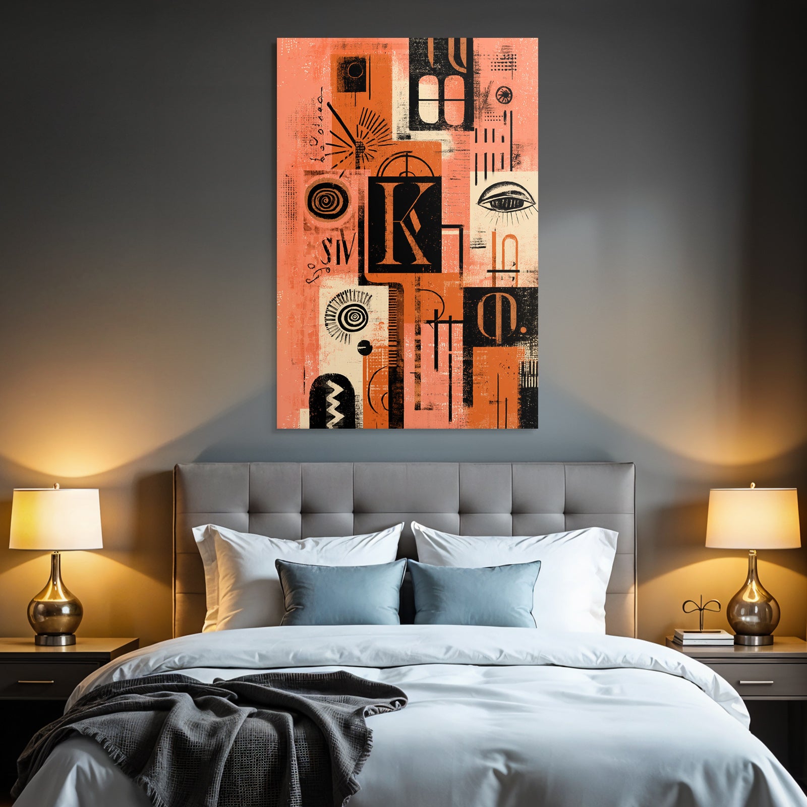 Abstractes Kunstwerk Collage Geometrische Formen Typografie Orange Schwarz Beige