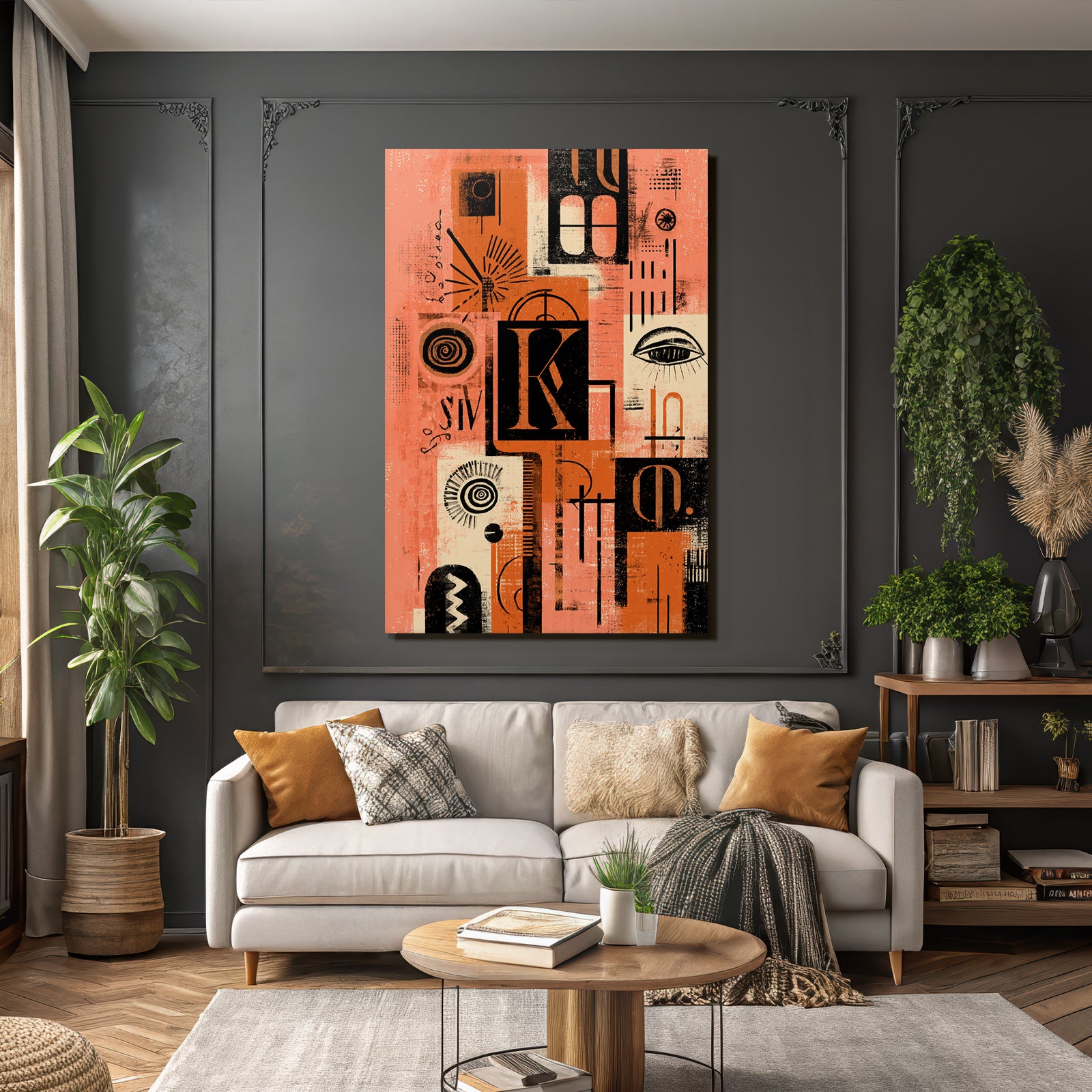Abstractes Kunstwerk Collage Geometrische Formen Typografie Orange Schwarz Beige