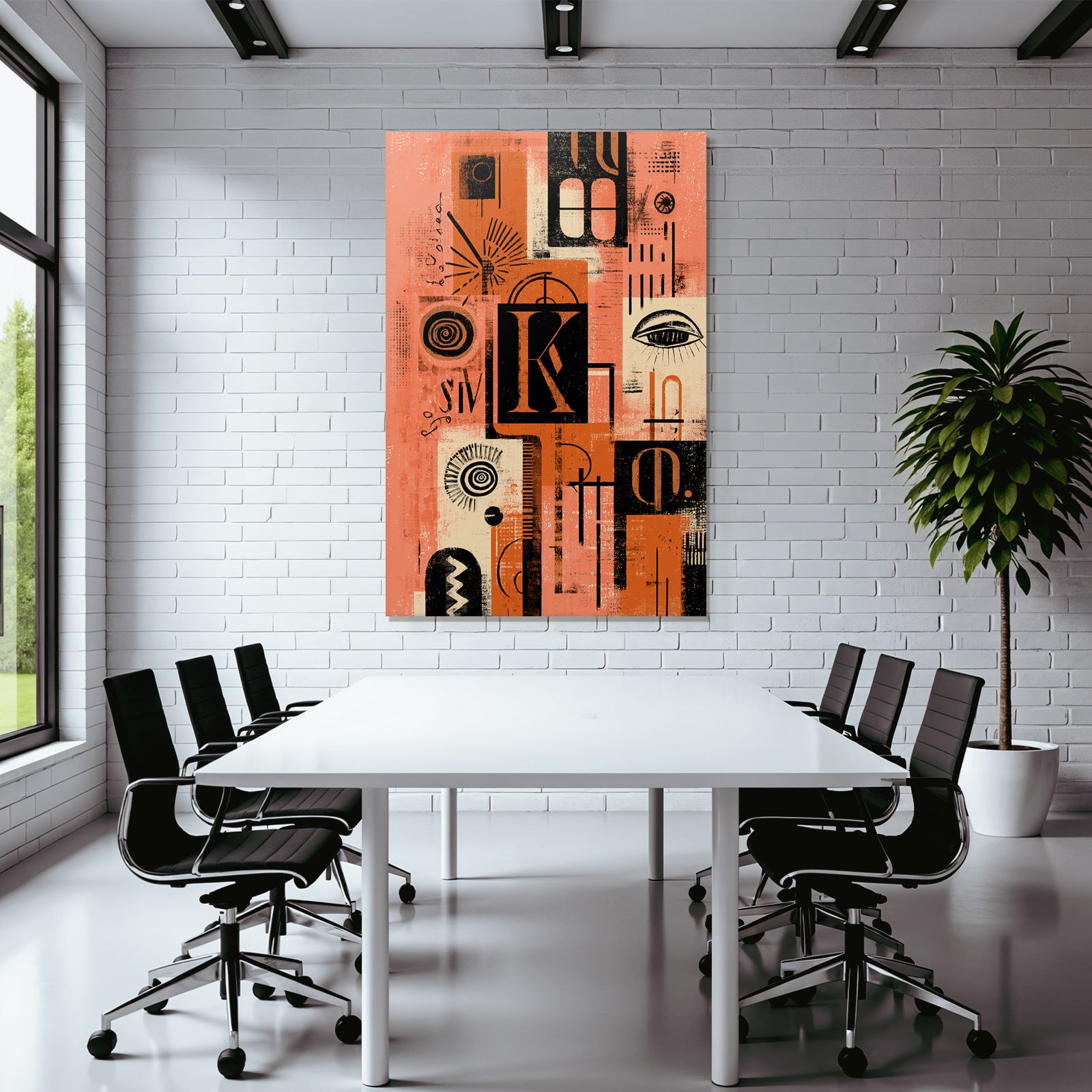 Abstractes Kunstwerk Collage Geometrische Formen Typografie Orange Schwarz Beige