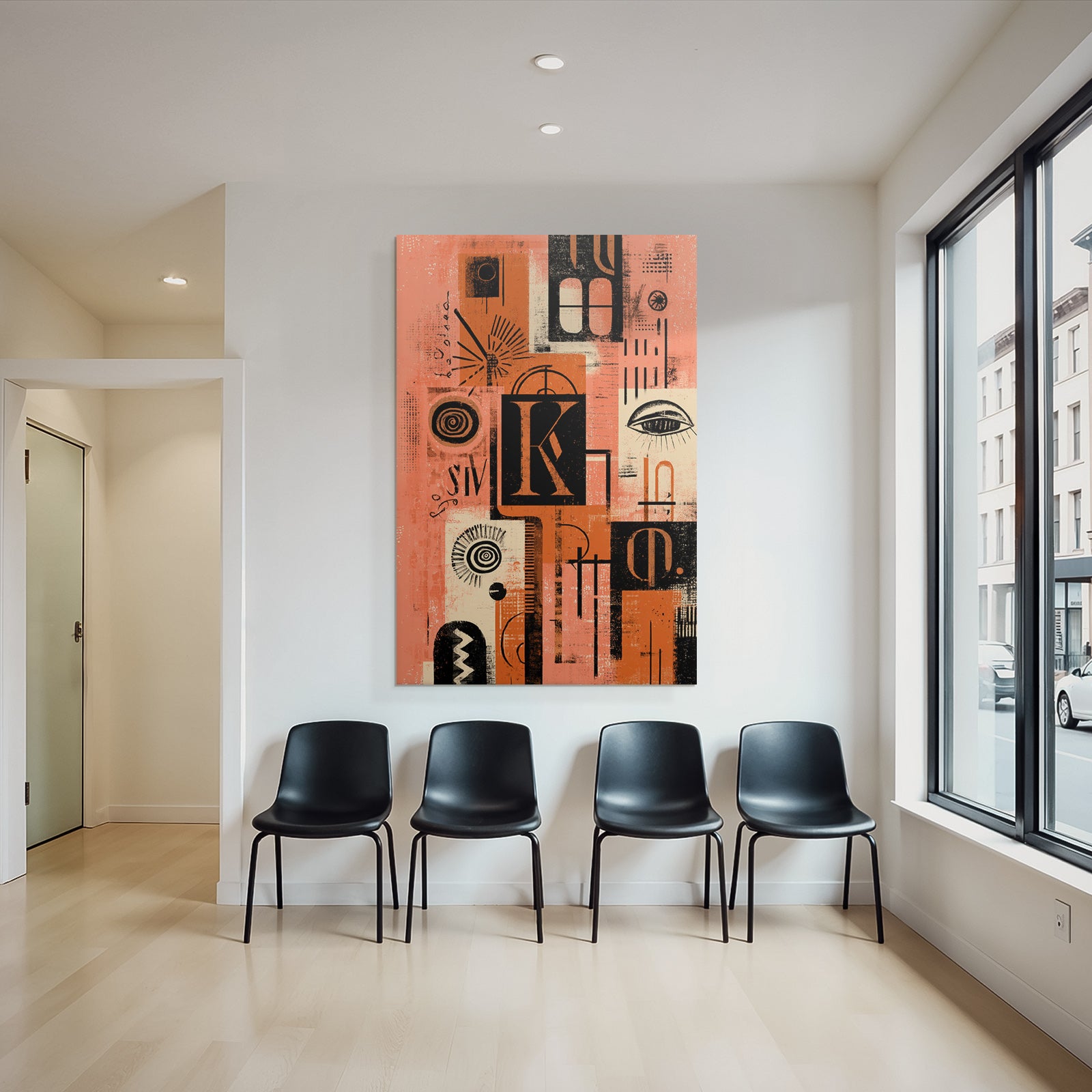 Abstractes Kunstwerk Collage Geometrische Formen Typografie Orange Schwarz Beige