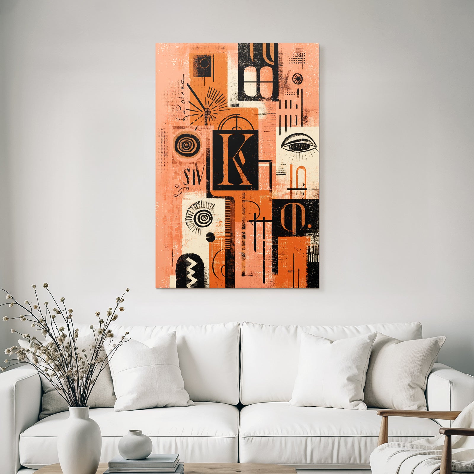 Abstractes Kunstwerk Collage Geometrische Formen Typografie Orange Schwarz Beige