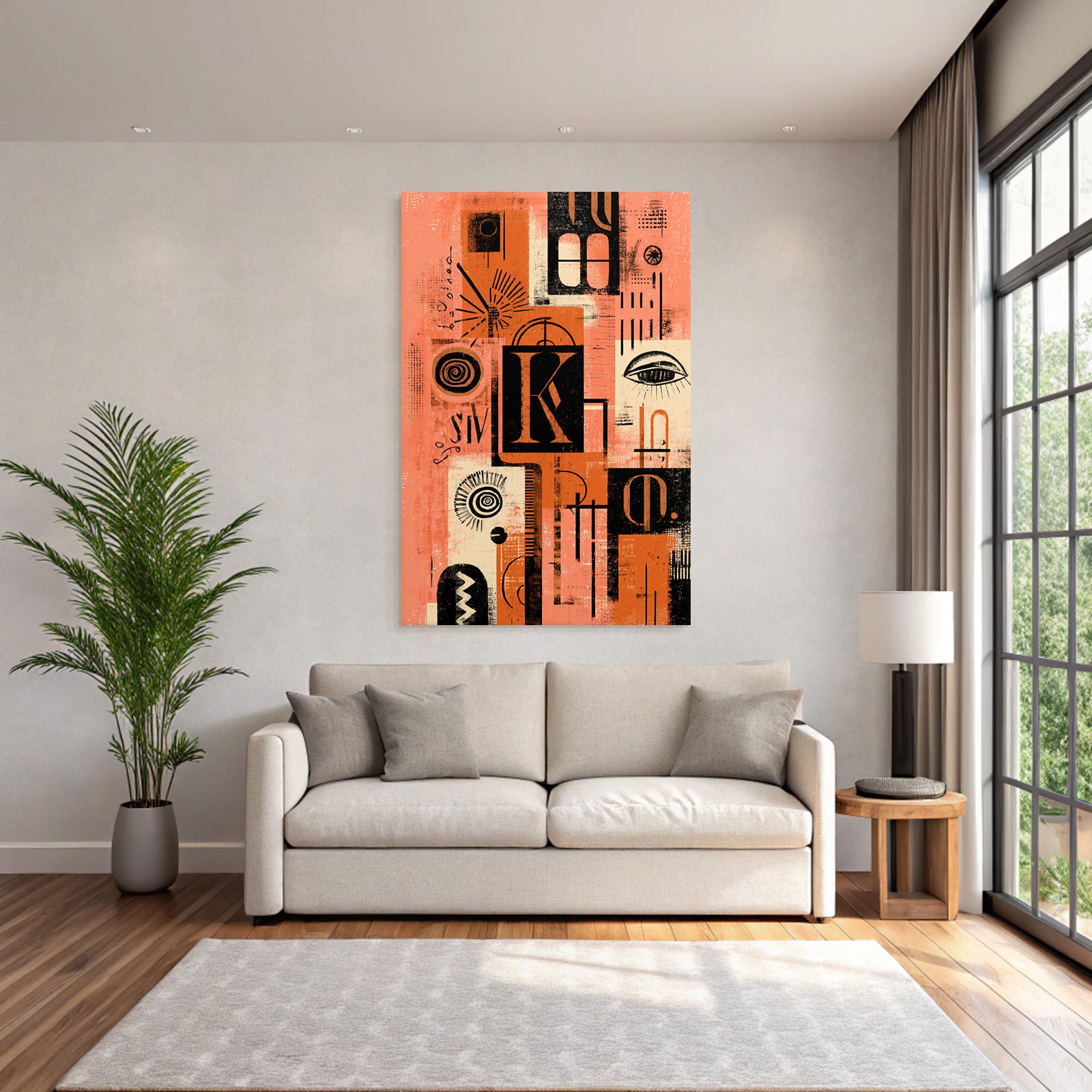 Abstractes Kunstwerk Collage Geometrische Formen Typografie Orange Schwarz Beige