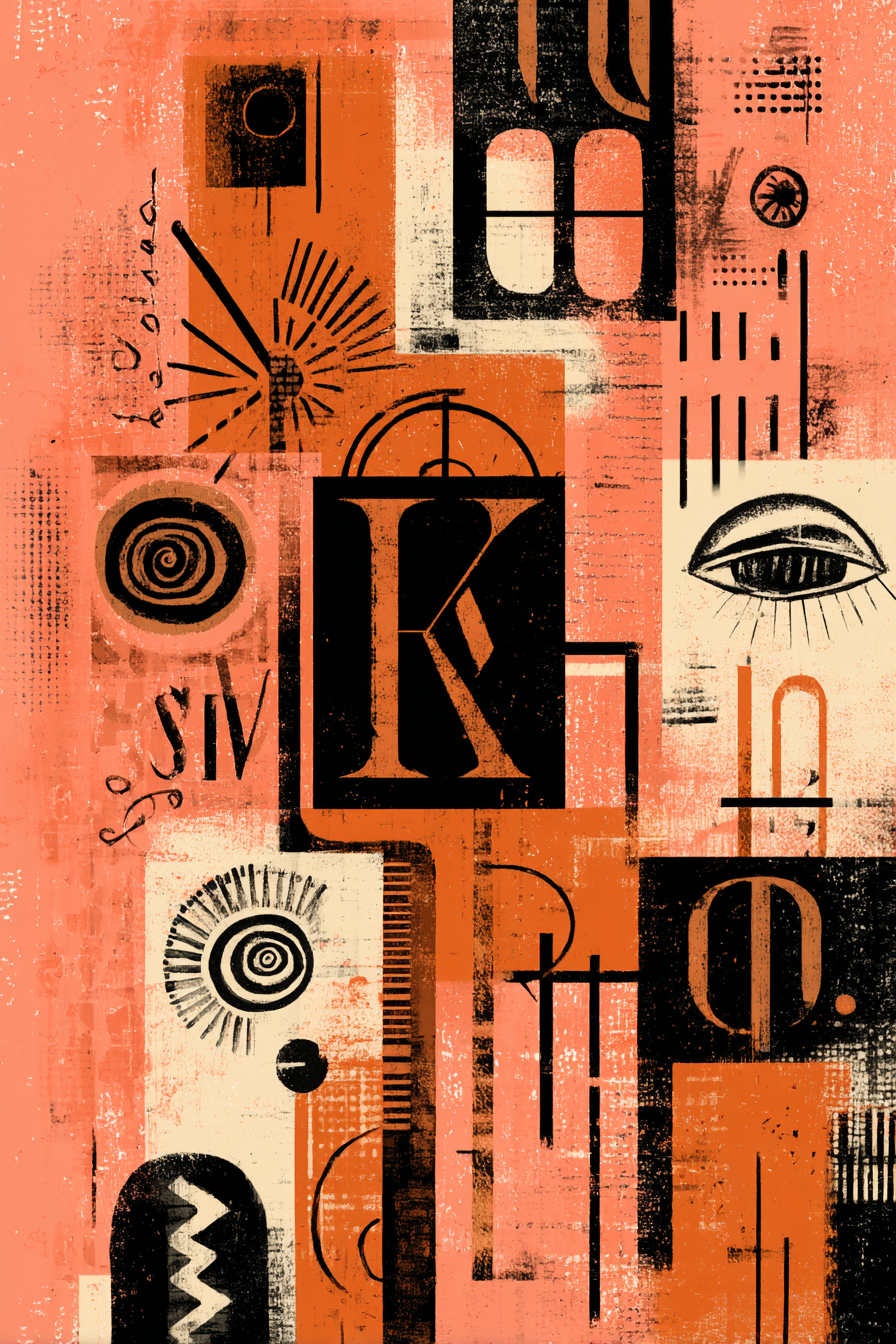 Abstractes Kunstwerk Collage Geometrische Formen Typografie Orange Schwarz Beige | Typografische Kunst | Kunstgattungen