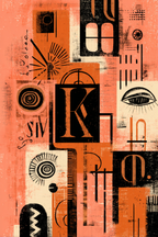 Abstractes Kunstwerk Collage Geometrische Formen Typografie Orange Schwarz Beige | Typografische Kunst | Kunstgattungen