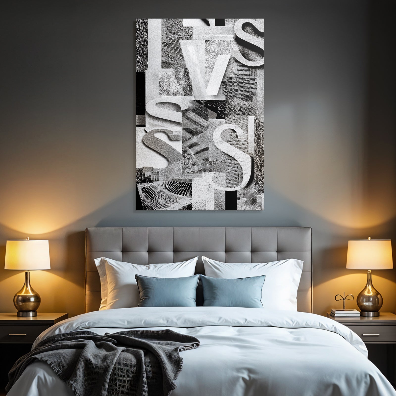 Abstract collage black and white patterns textures lettering