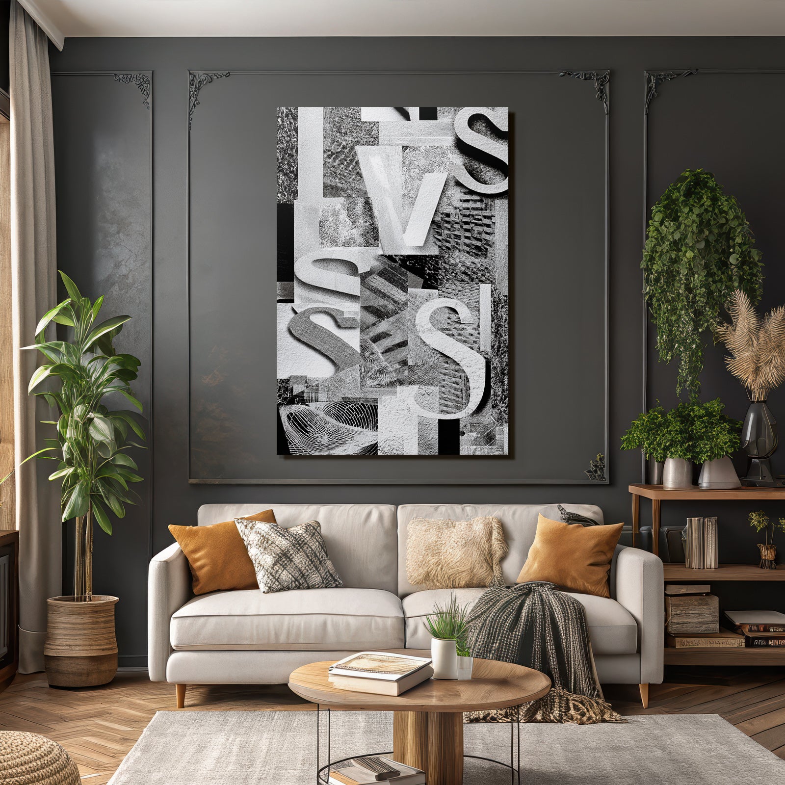 Abstract collage black and white patterns textures lettering