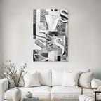 Abstract collage black and white patterns textures lettering