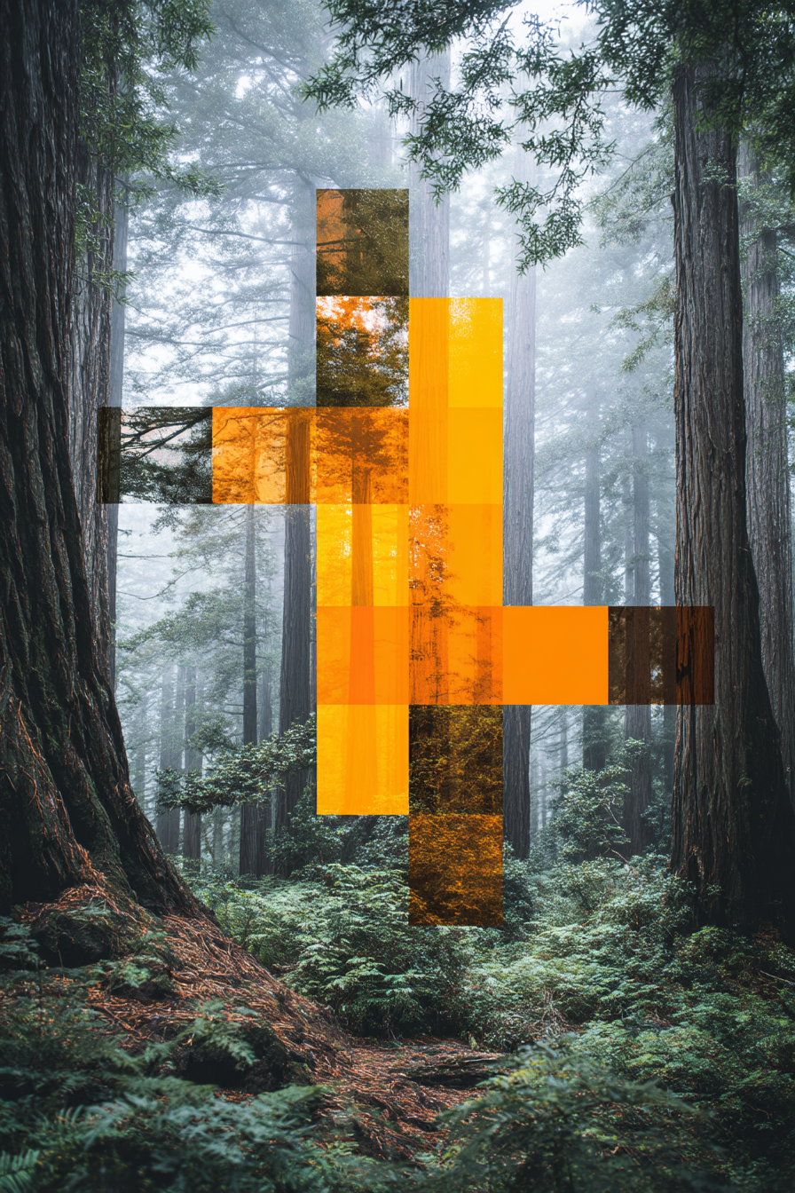 Digitales Kunstwerk Wald Geometrische Formen Orange Braun | Typografische Kunst | Kunstgattungen