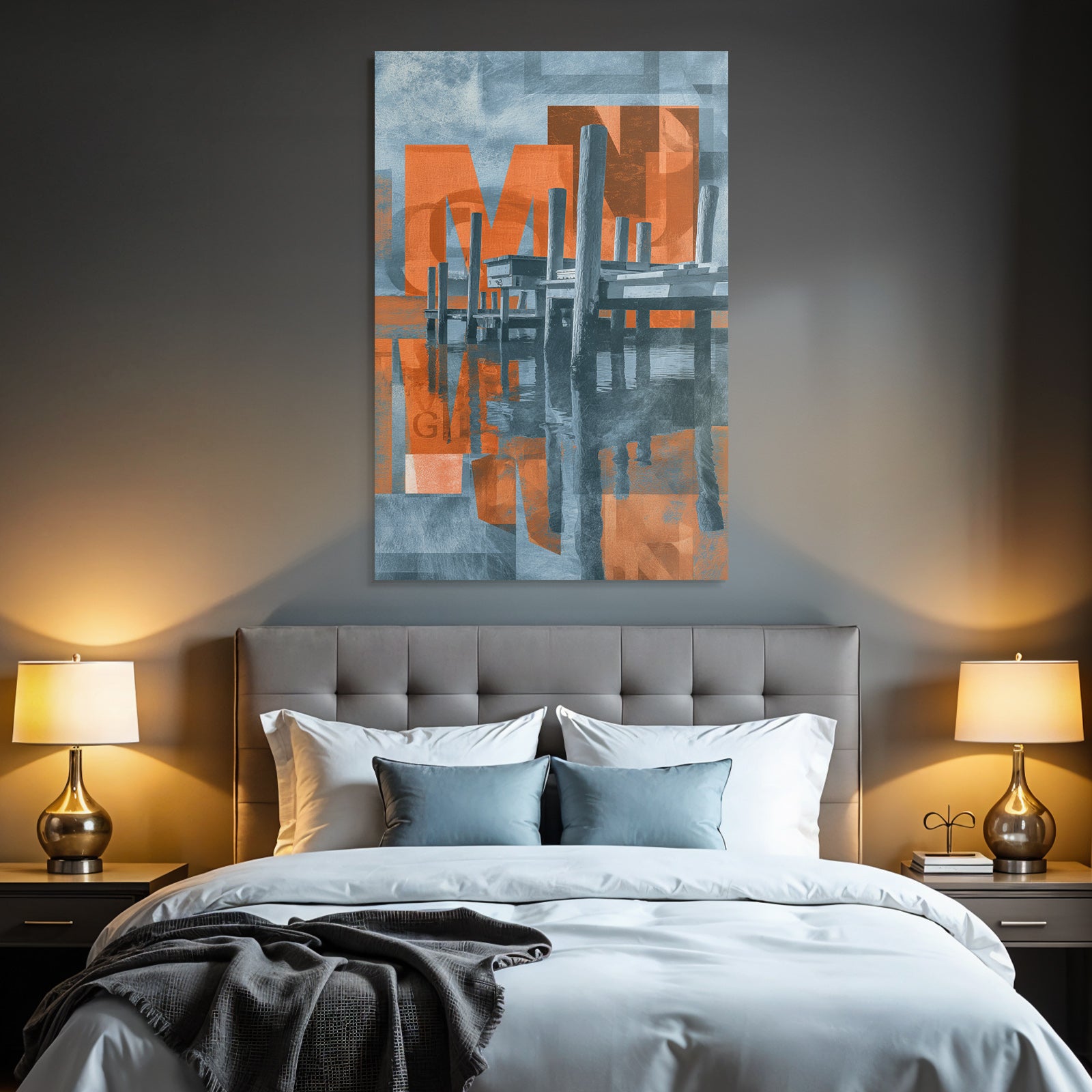 Dock Reflection Modern Art Graphic Blue Orange
