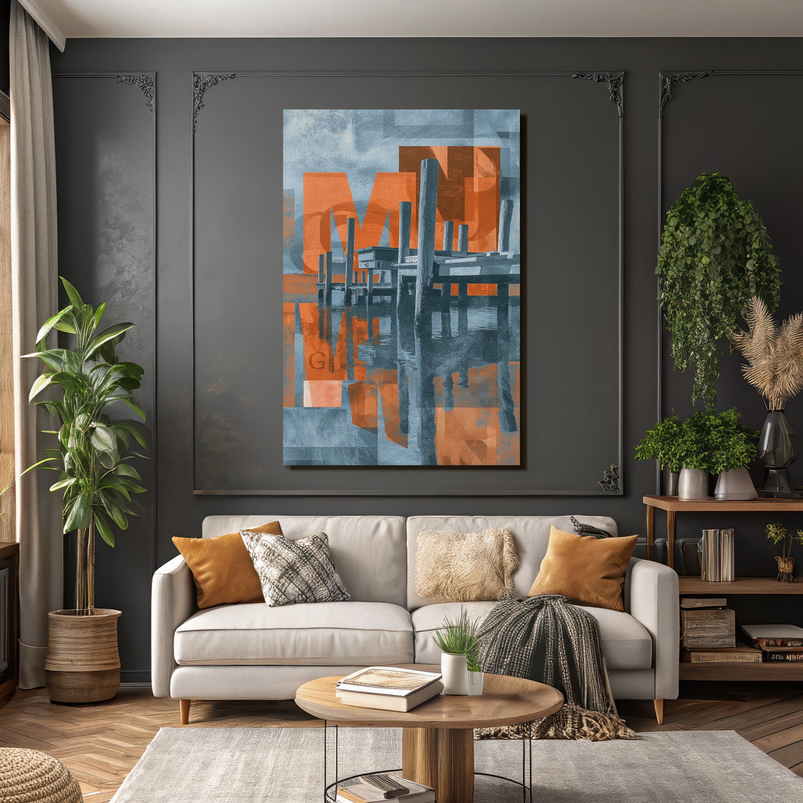 Dock Reflection Modern Art Graphic Blue Orange
