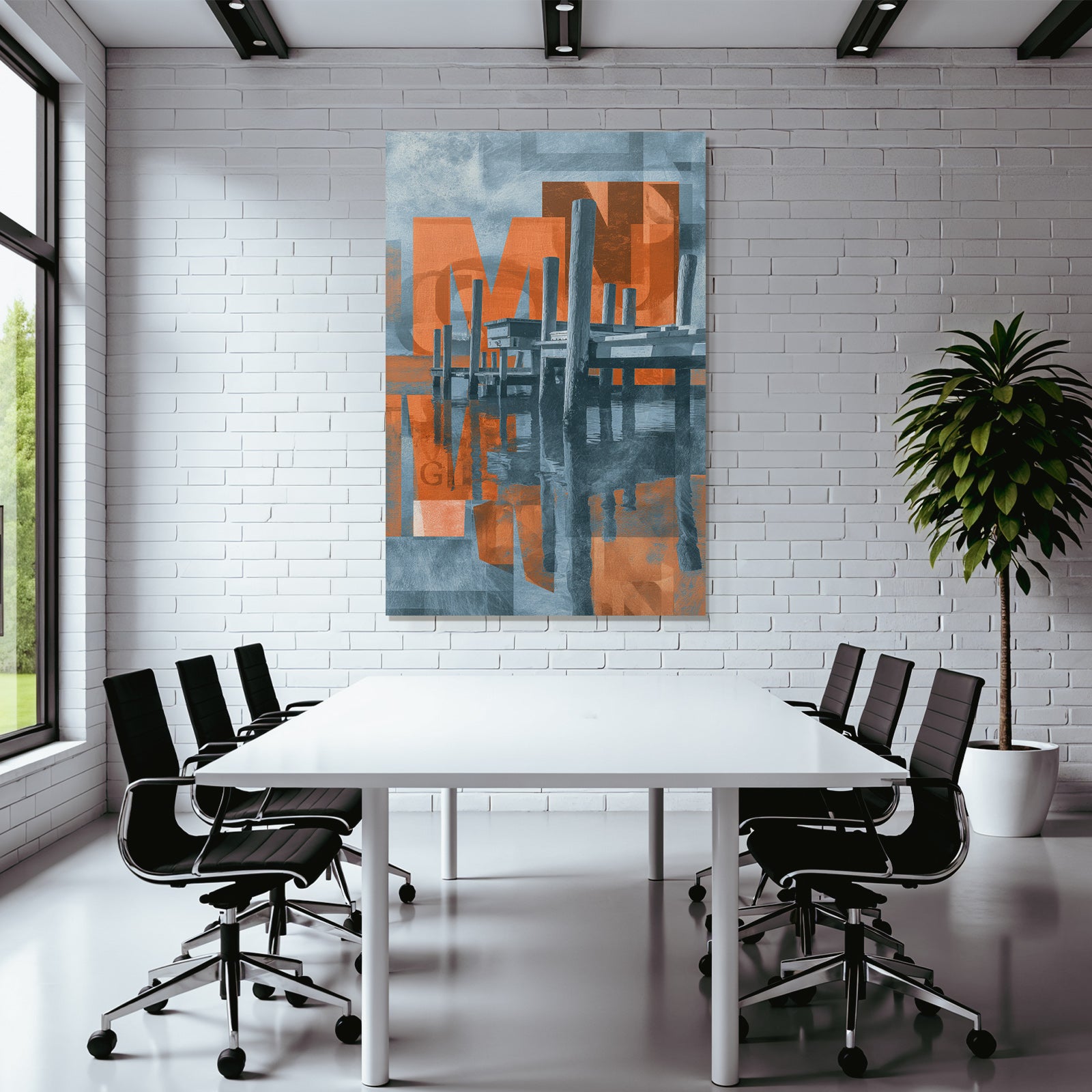 Dock Reflection Modern Art Graphic Blue Orange