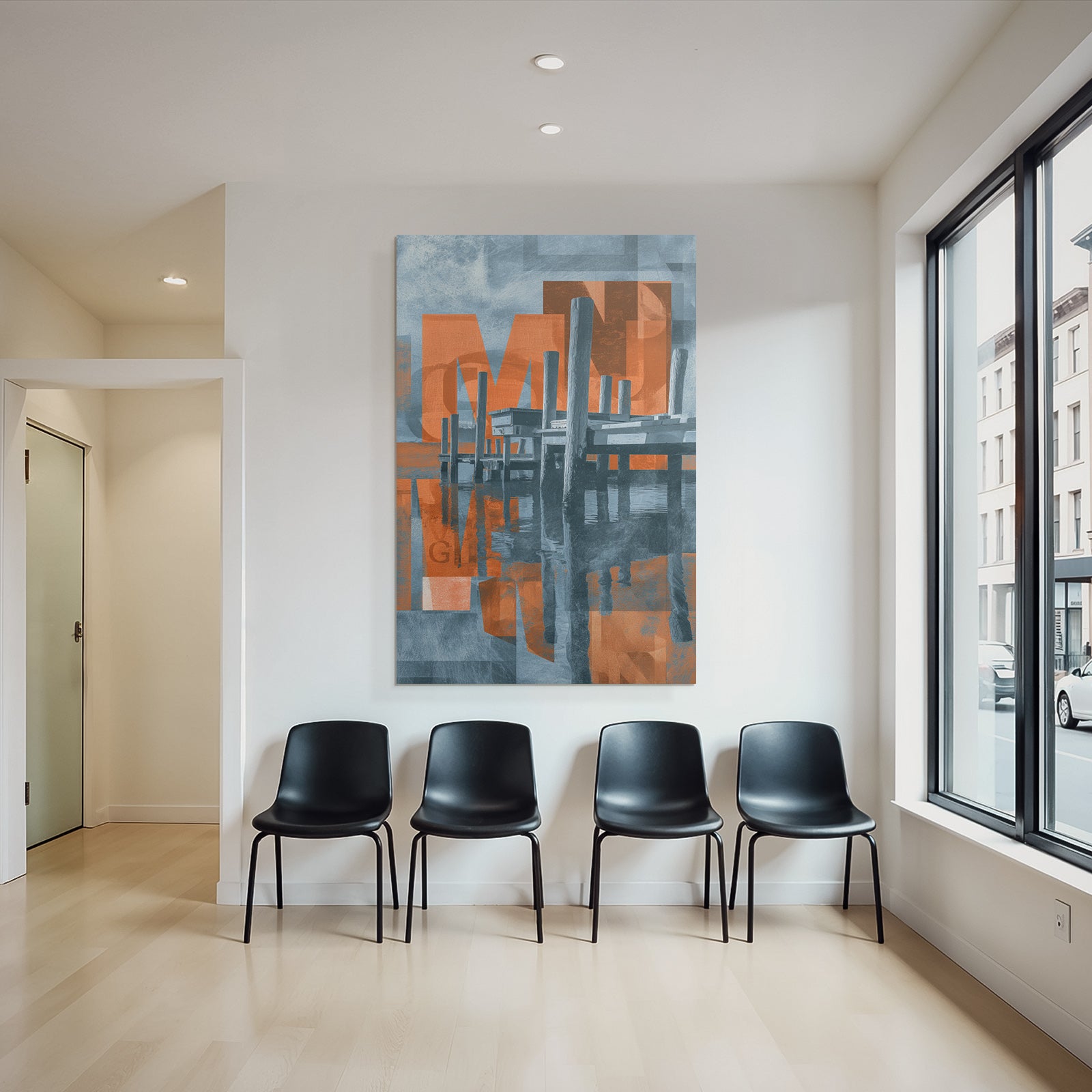 Dock Reflection Modern Art Graphic Blue Orange