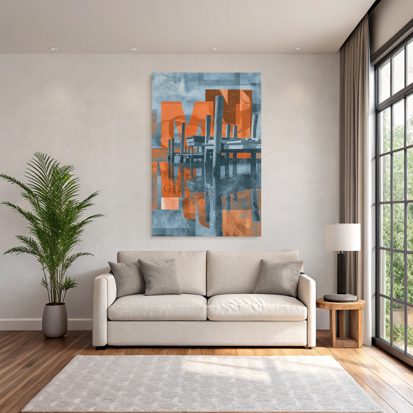 Dock Reflection Modern Art Graphic Blue Orange