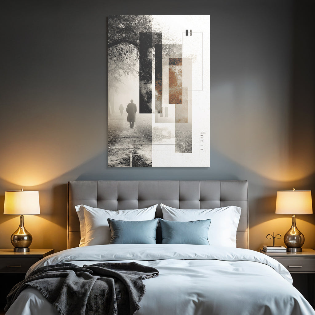 Foggy Landscape People Walking Mono Artwork Geometric Design