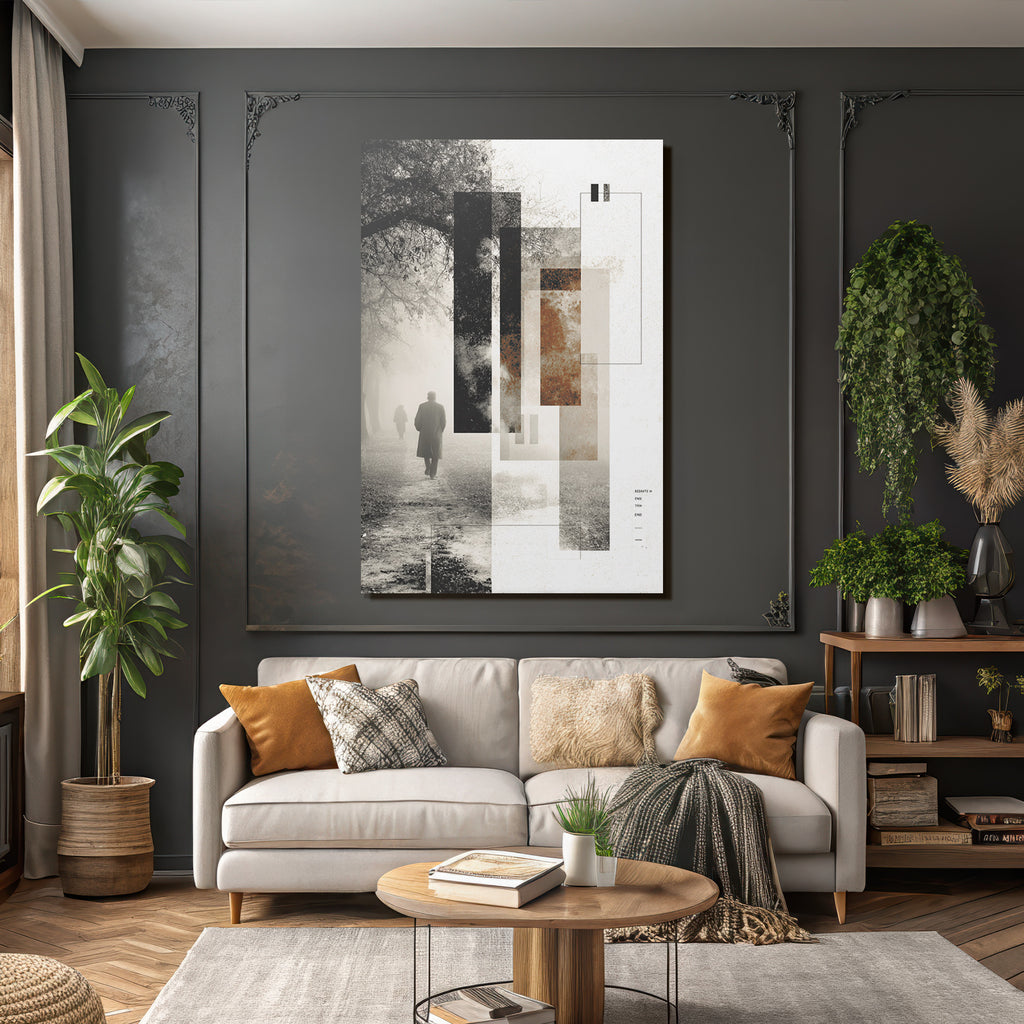 Foggy Landscape People Walking Mono Artwork Geometric Design