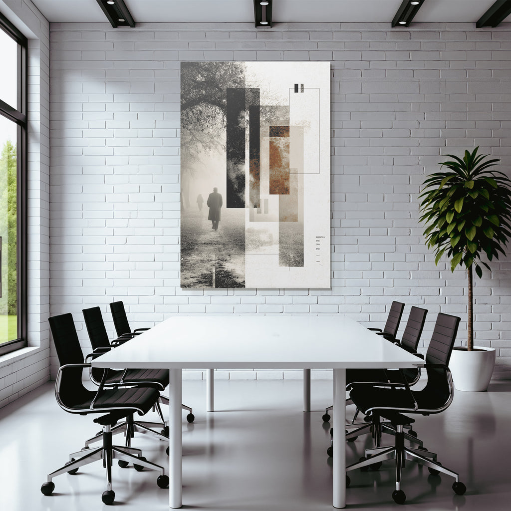 Foggy Landscape People Walking Mono Artwork Geometric Design