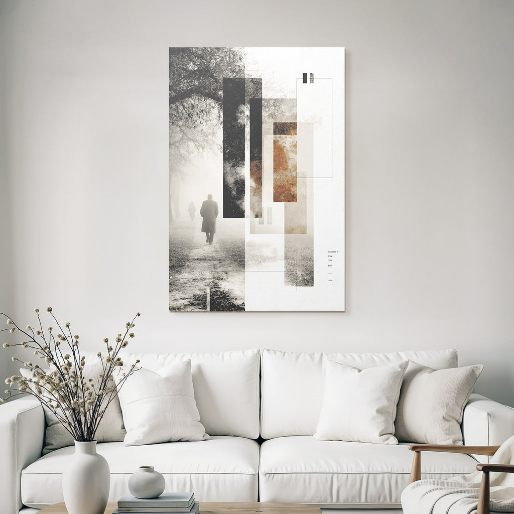 Foggy Landscape People Walking Mono Artwork Geometric Design