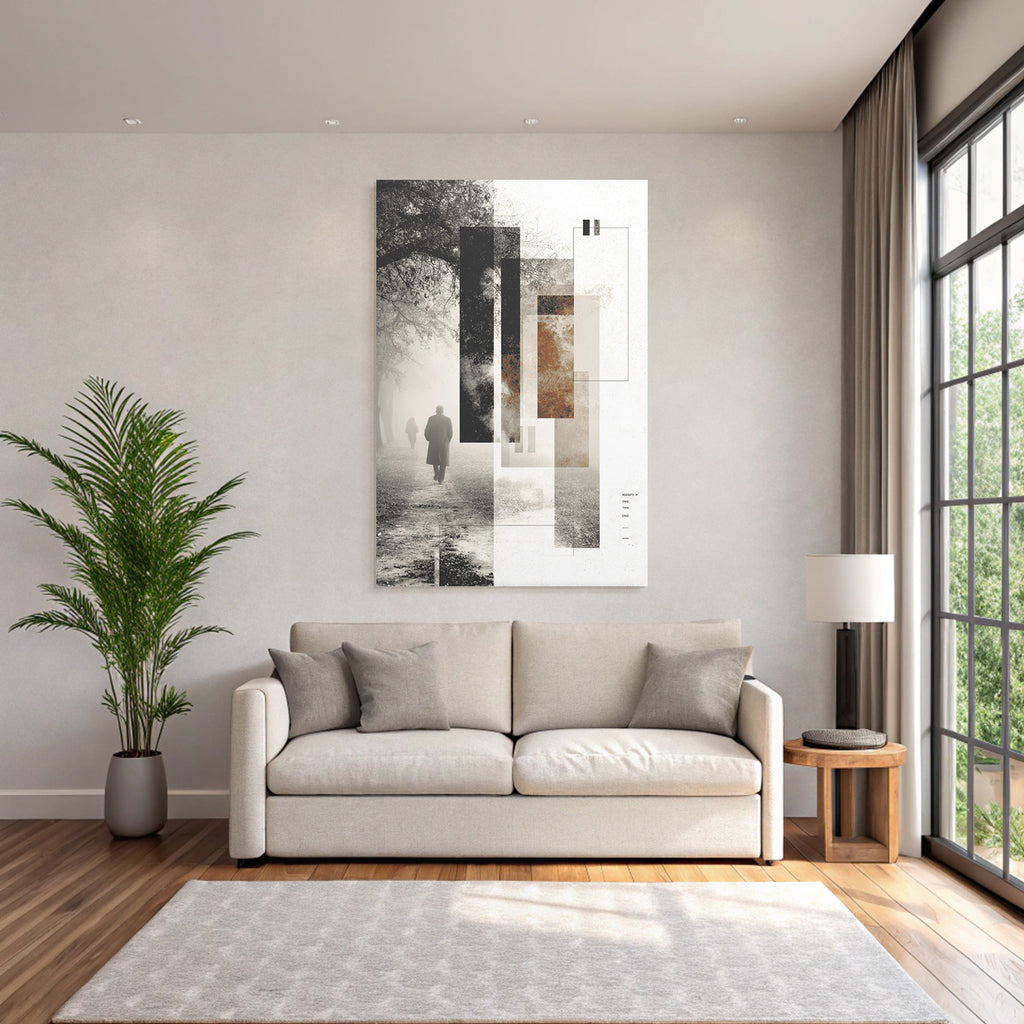 Foggy Landscape People Walking Mono Artwork Geometric Design