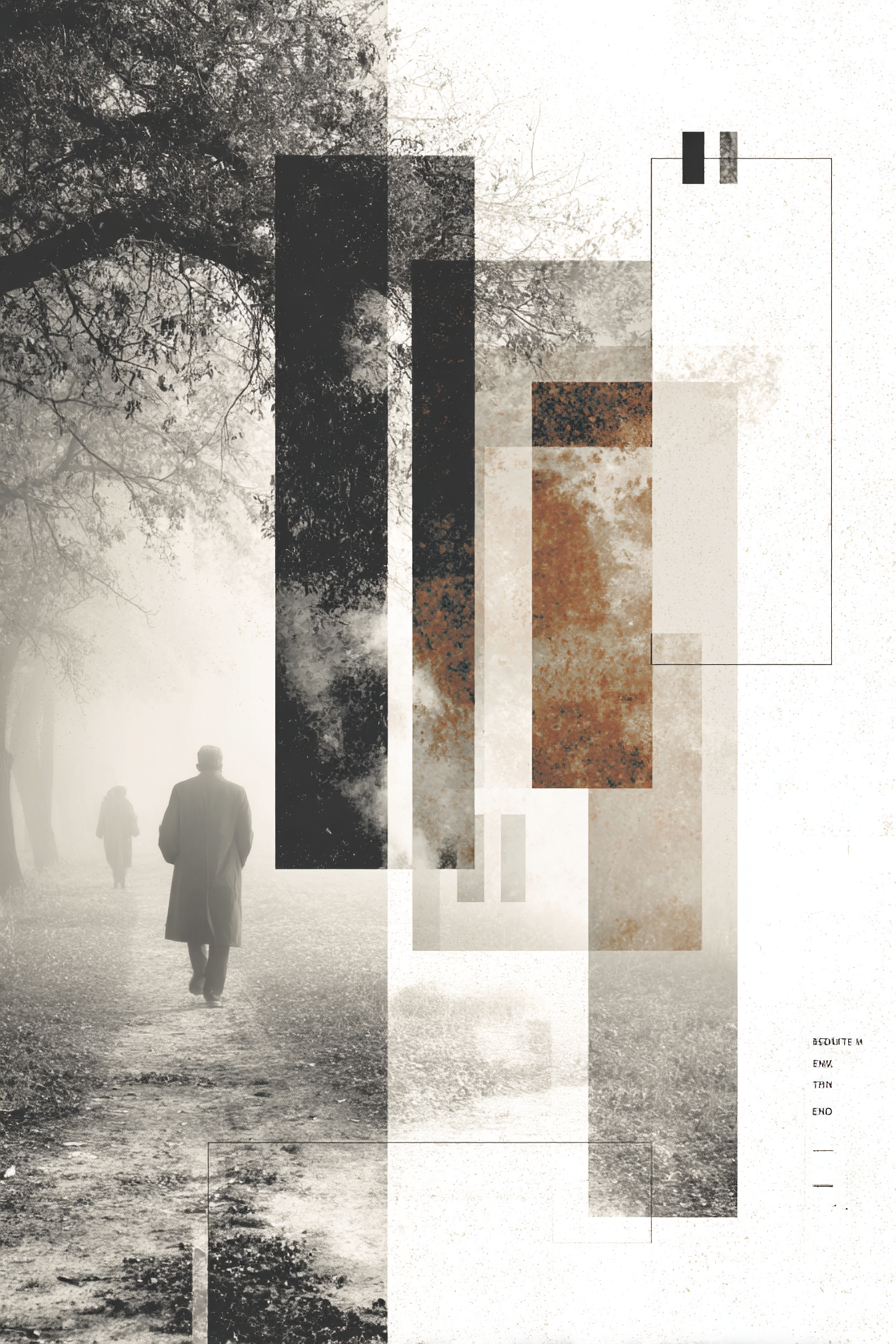 Foggy Landscape People Walking Mono Artwork Geometric Design | Typografische Kunst | Kunstgattungen