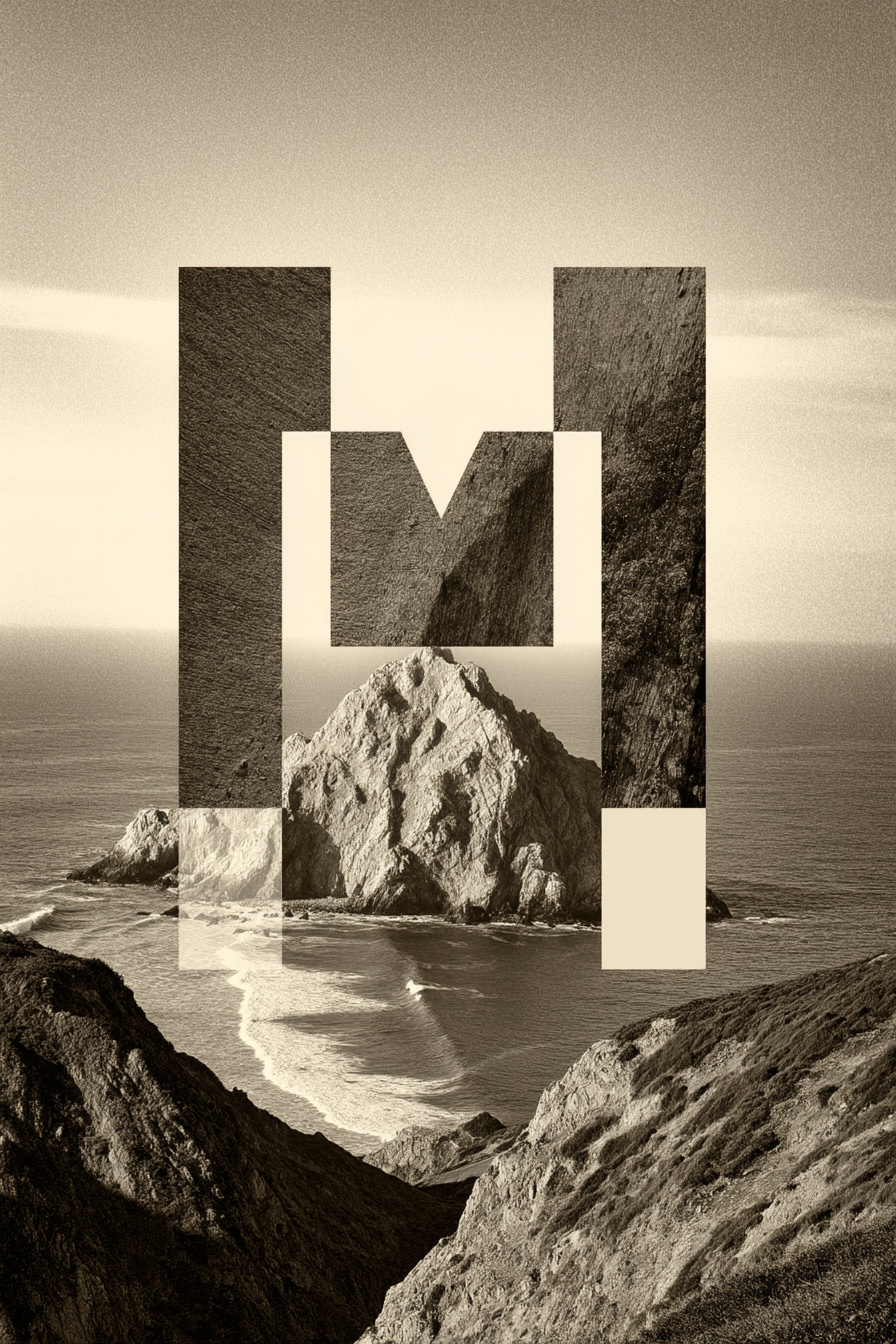 Geometrisches Logo Über Fotografie Küstenlandschaft Schwarz Weiß | Typografische Kunst | Kunstgattungen