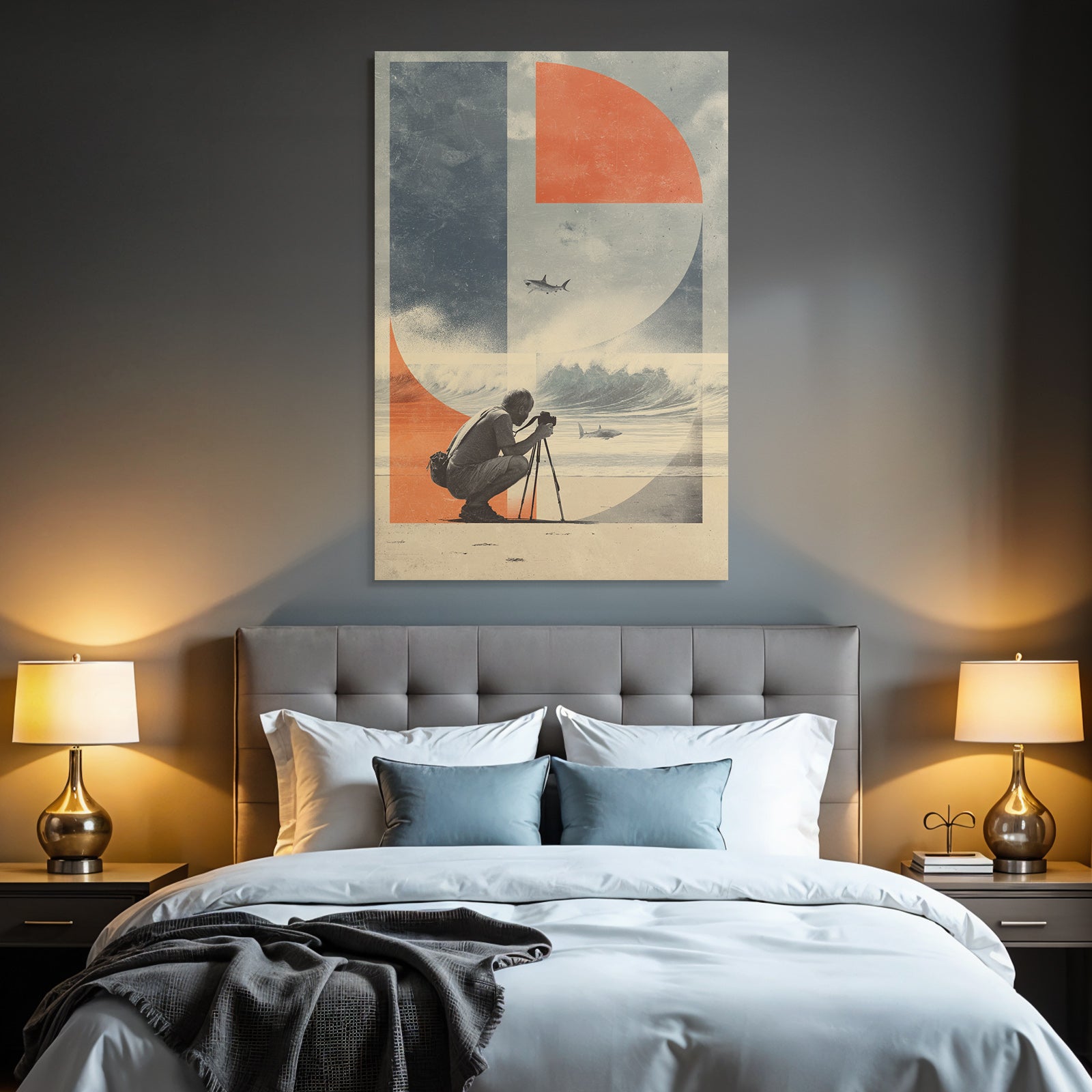 Man Fotografiert Strand Szenen Mit Hai Und Grafikdesign Elementen