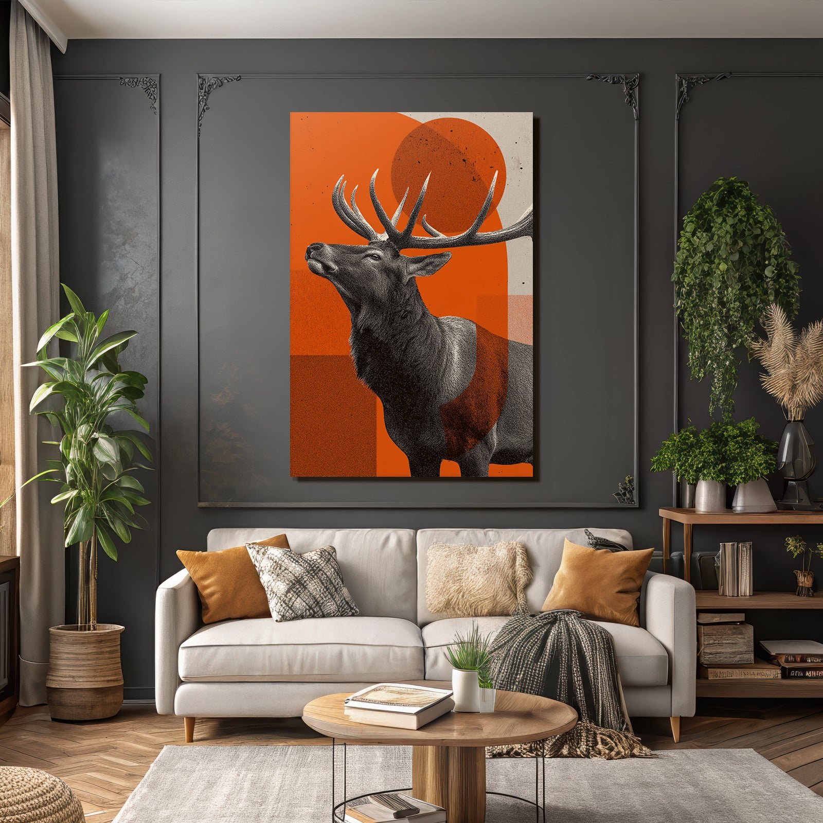 Deer head with stylized antlers and abstract shapes