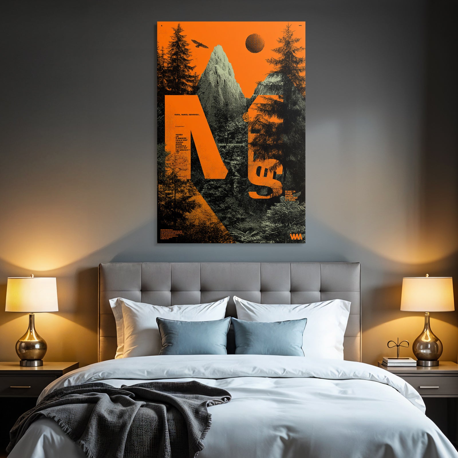 Stylisierte Landschaft Mit Bergen Bäumen Und Sonne