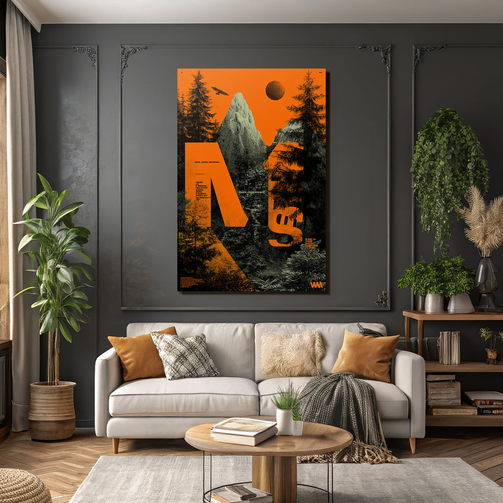 Stylisierte Landschaft Mit Bergen Bäumen Und Sonne