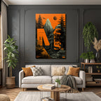 Stylisierte Landschaft Mit Bergen Bäumen Und Sonne