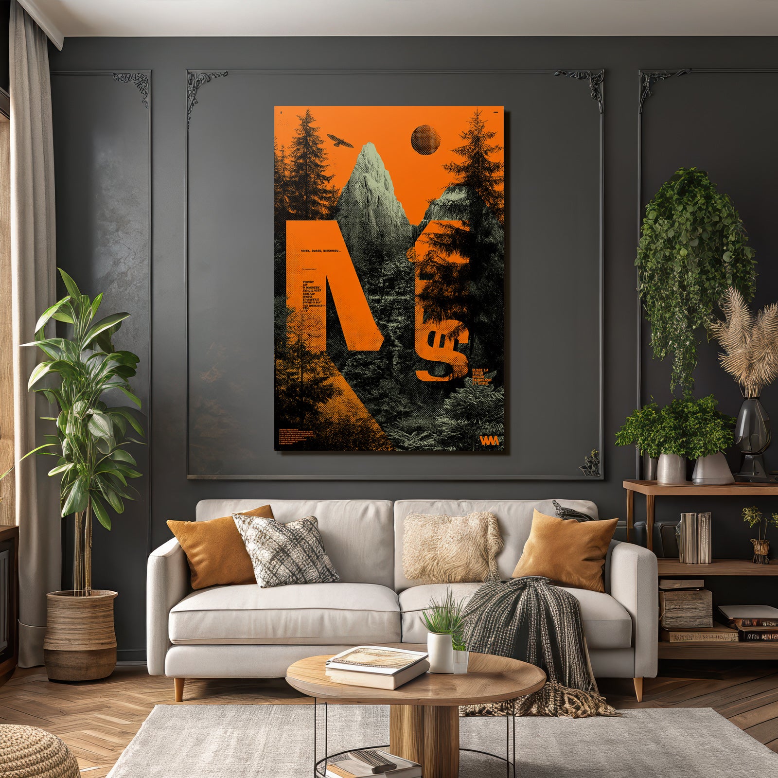 Stylisierte Landschaft Mit Bergen Bäumen Und Sonne