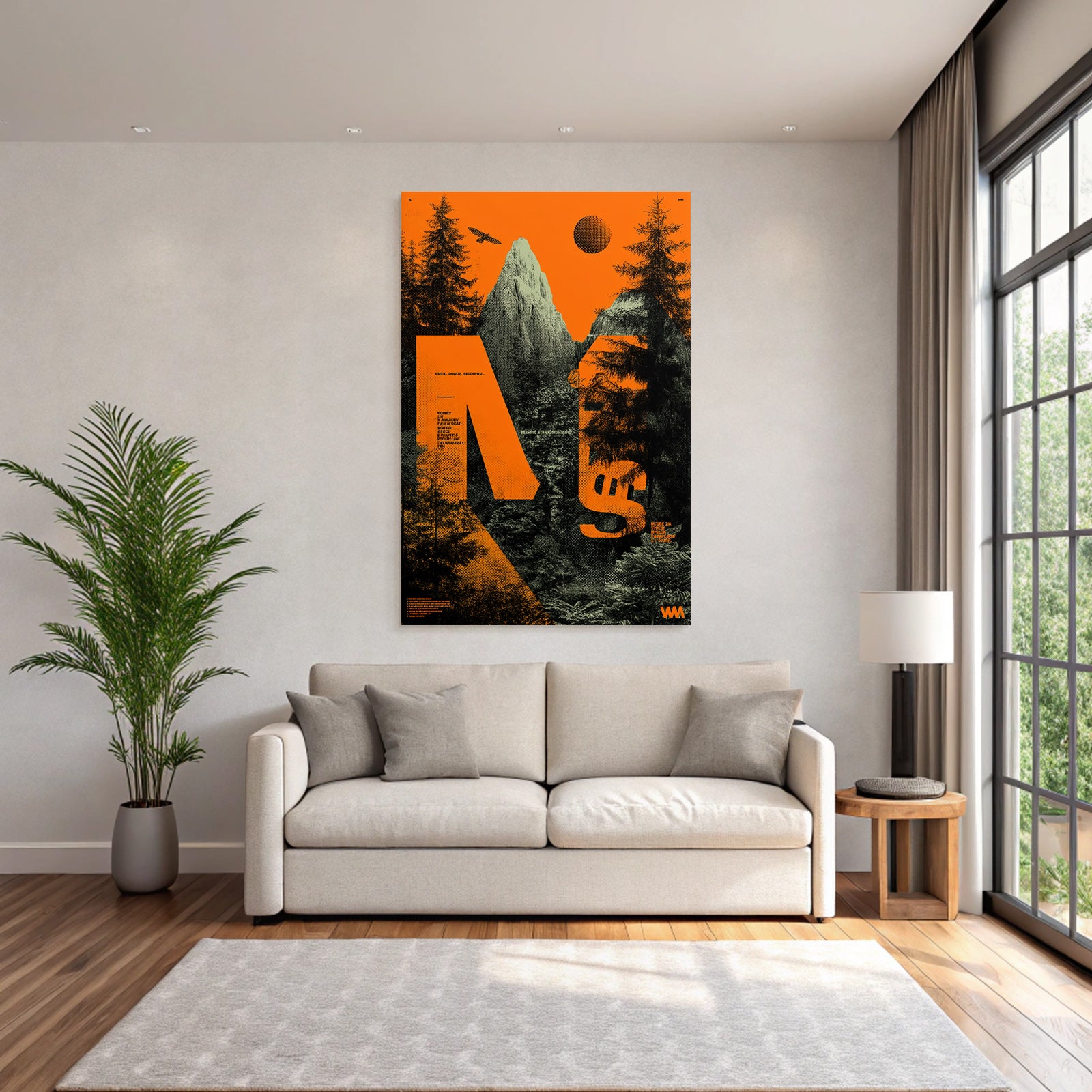 Stylisierte Landschaft Mit Bergen Bäumen Und Sonne