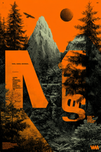 Stylisierte Landschaft Mit Bergen Bäumen Und Sonne | Typografische Kunst | Kunstgattungen