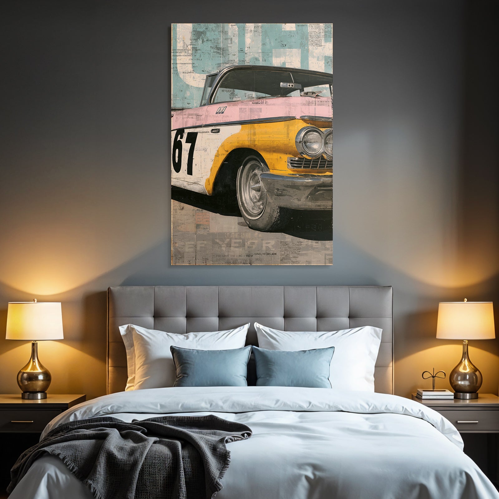 Vintage Auto 67 Gelb Und Rosa Retro Stil Collage Texturen