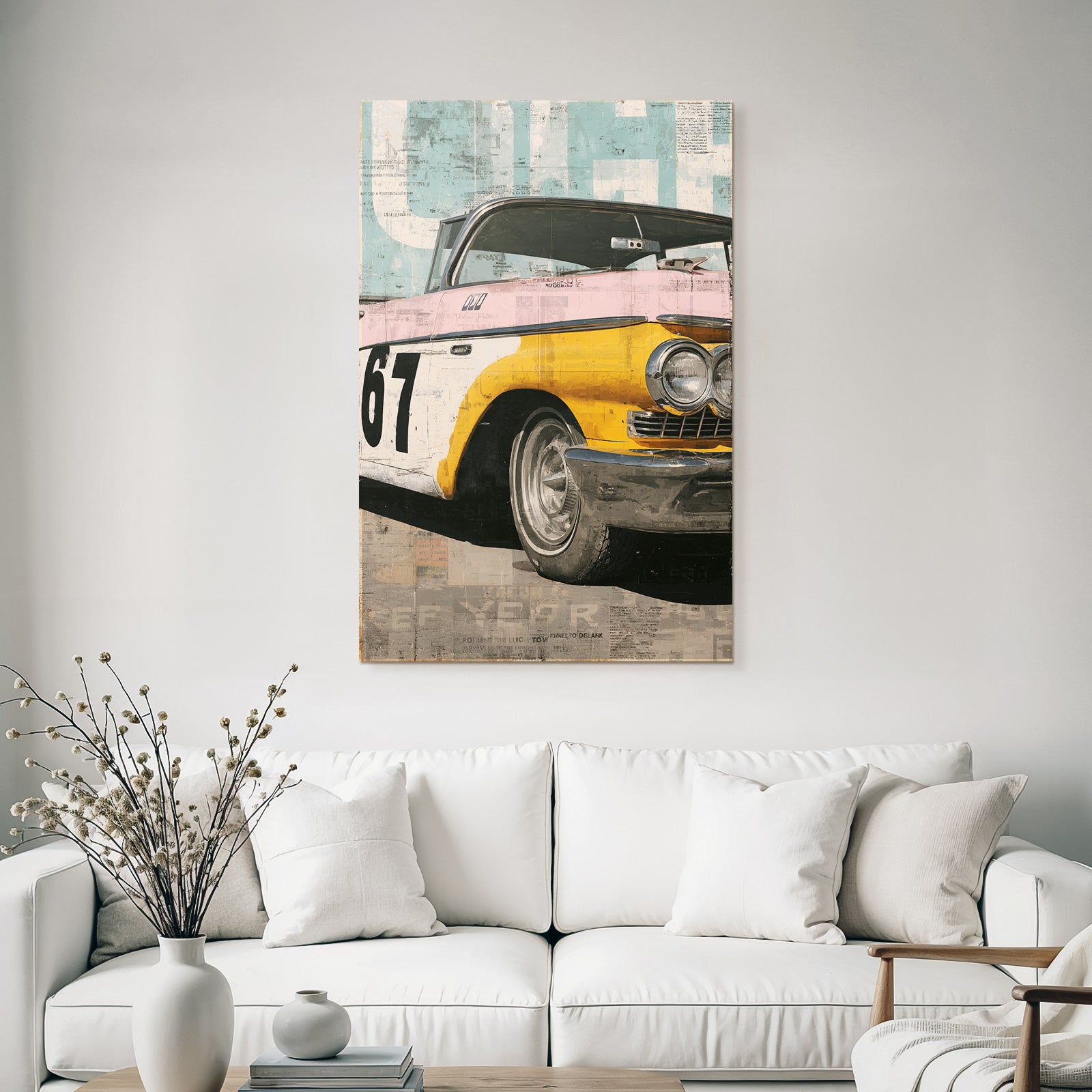 Vintage Auto 67 Gelb Und Rosa Retro Stil Collage Texturen