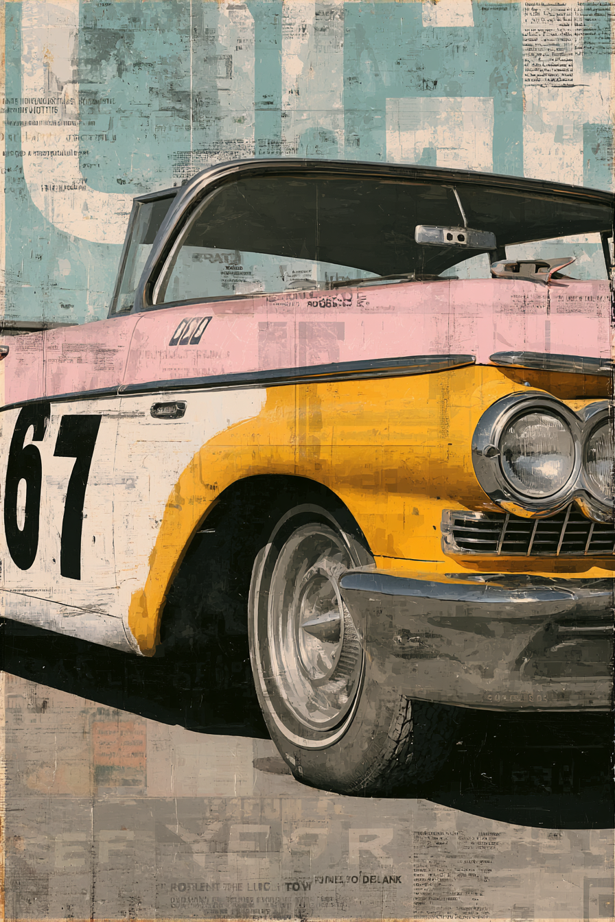 Vintage Auto 67 Gelb Und Rosa Retro Stil Collage Texturen | Typografische Kunst | Kunstgattungen