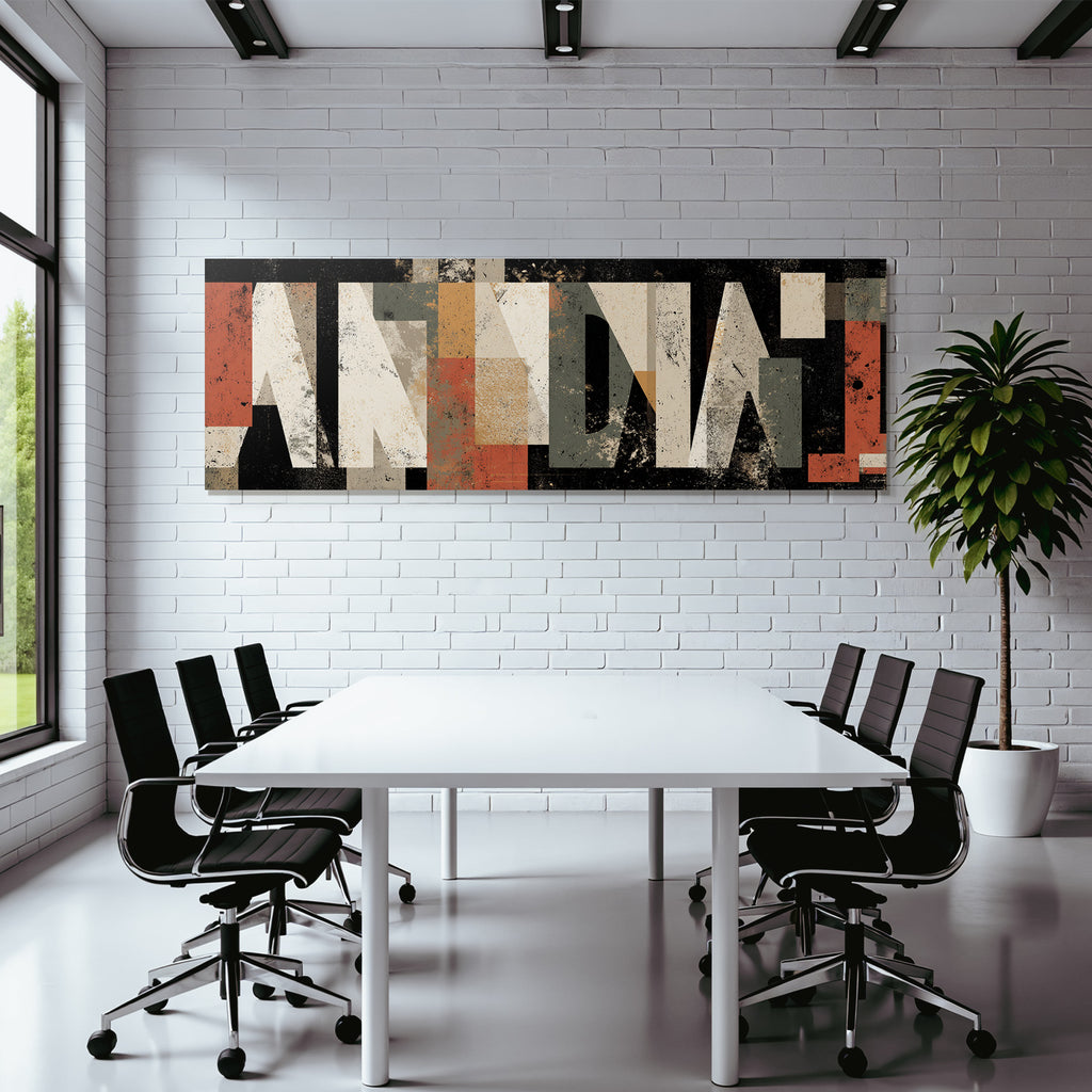 Abstraktes Design Bold Letters Rechteckige Formen Rot Beige Grau Dunkler Hintergrund