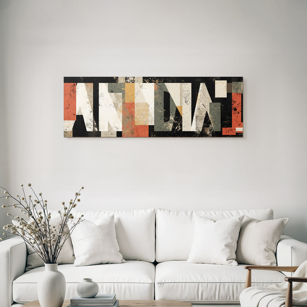 Abstraktes Design Bold Letters Rechteckige Formen Rot Beige Grau Dunkler Hintergrund