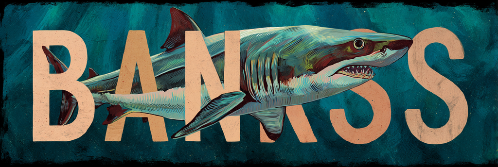Haifisch Bankß Kreative Illustration Unterwaßerhintergrund | Typografische Kunst | Kunstgattungen